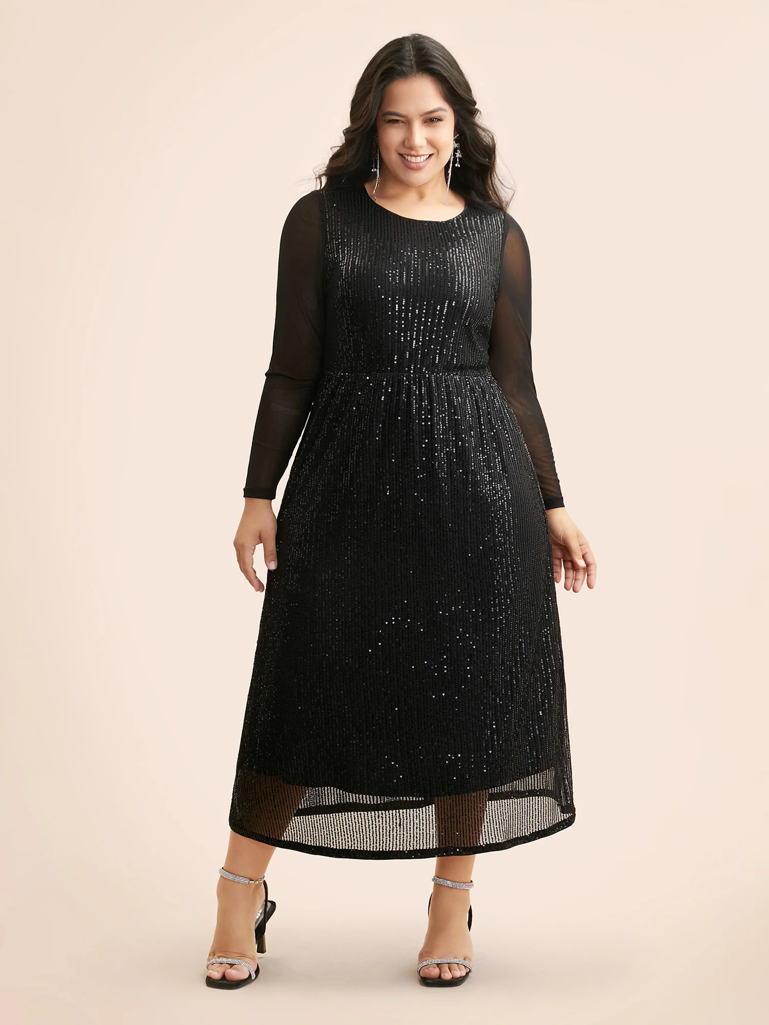 Crew Neck Patchwork Sequin Mesh Dress - Image 4
