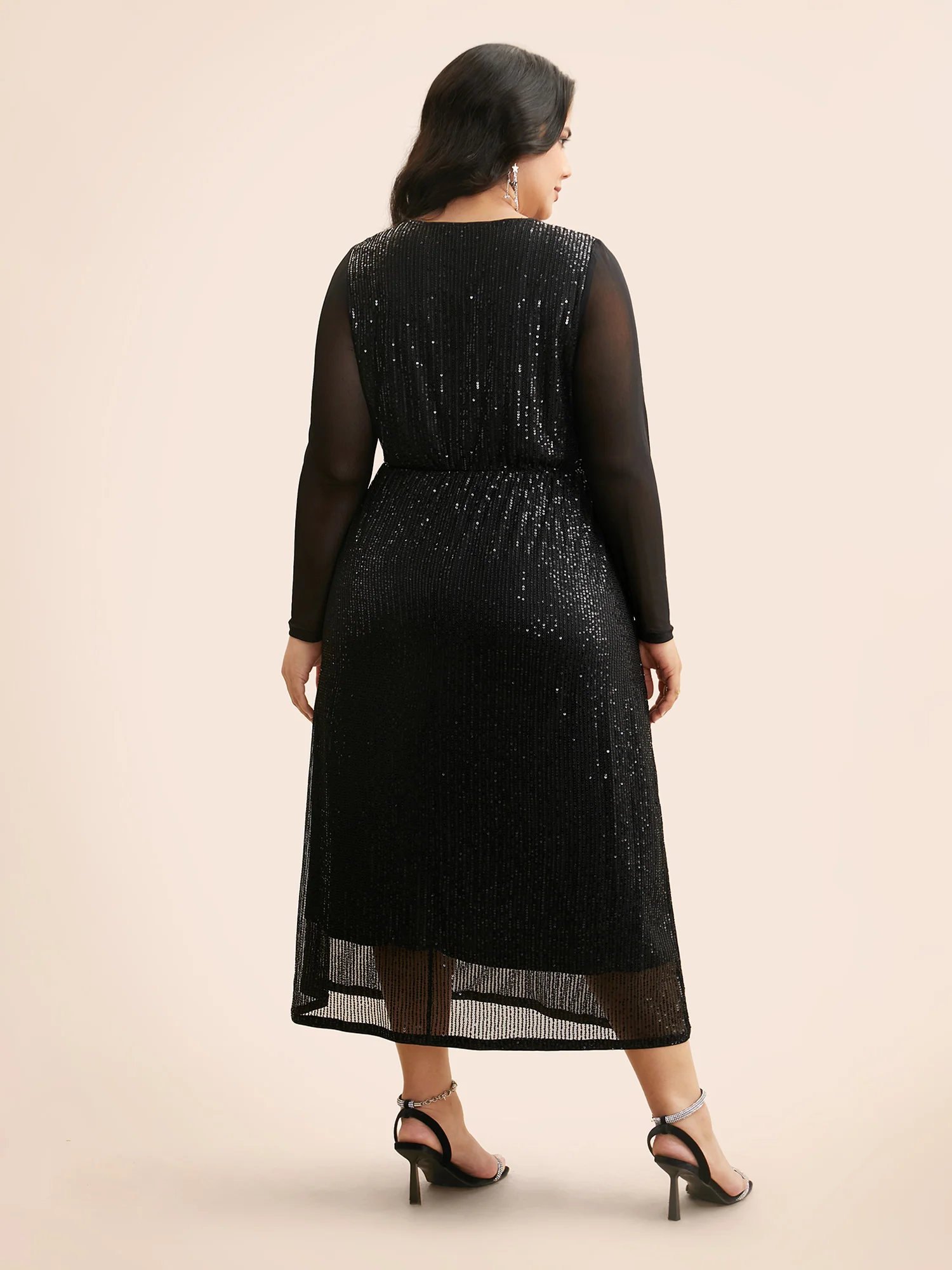 Crew Neck Patchwork Sequin Mesh Dress - Image 5