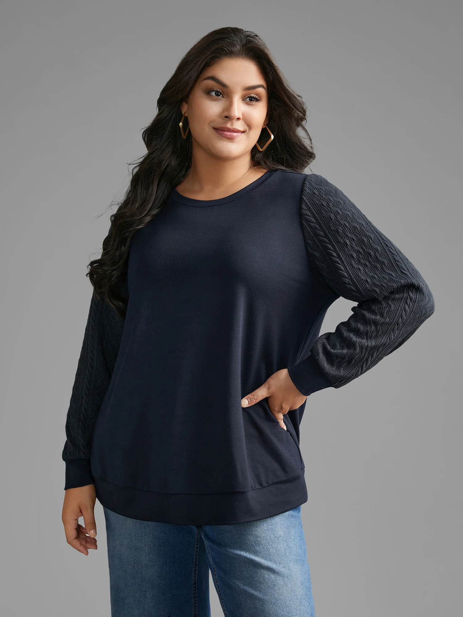 Crew Neck Plain Textured Patchwork Sweatshirt - Image 2