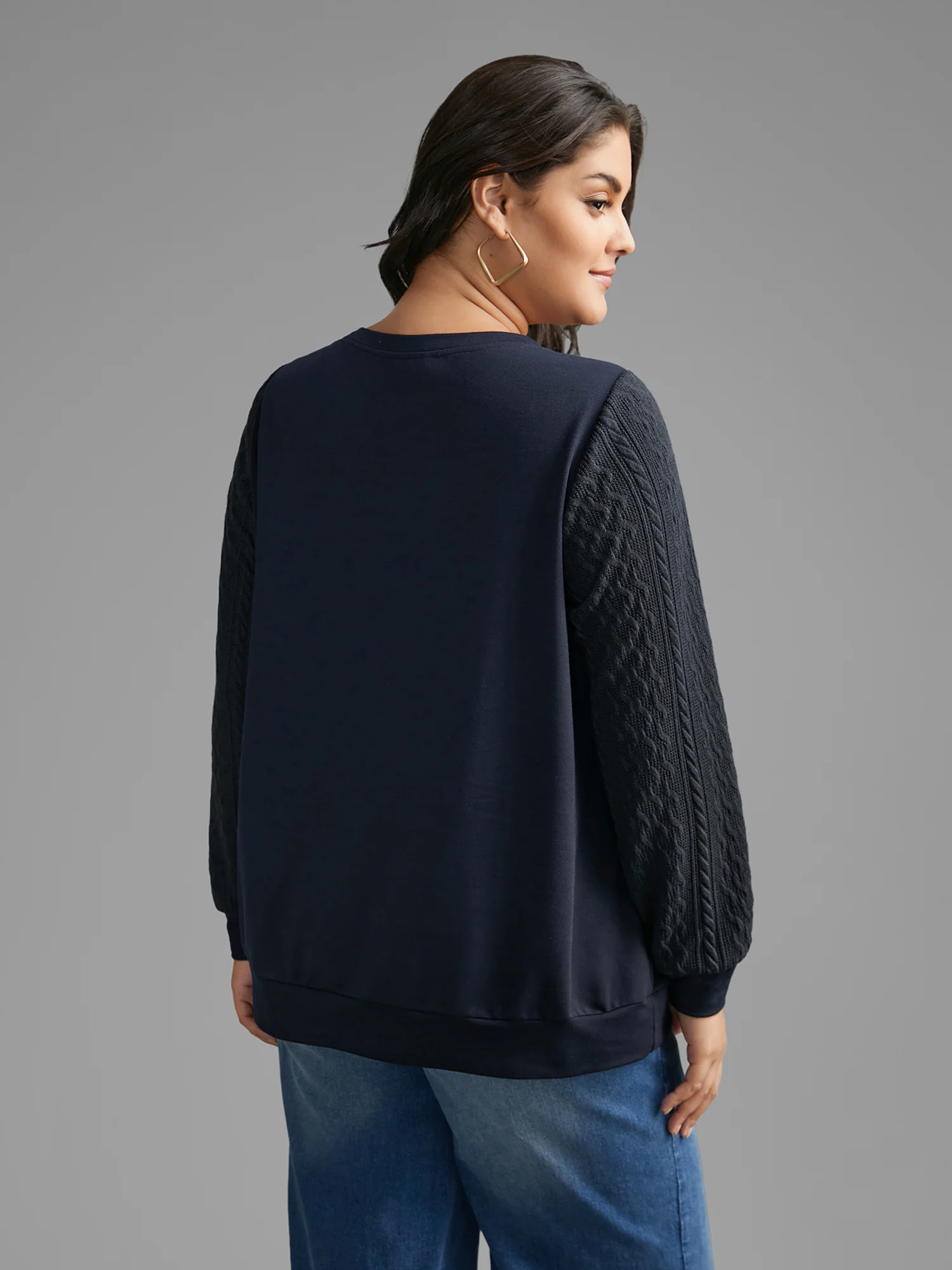 Crew Neck Plain Textured Patchwork Sweatshirt - Image 3