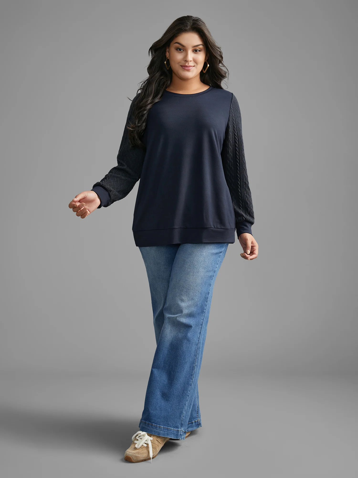 Crew Neck Plain Textured Patchwork Sweatshirt - Image 4