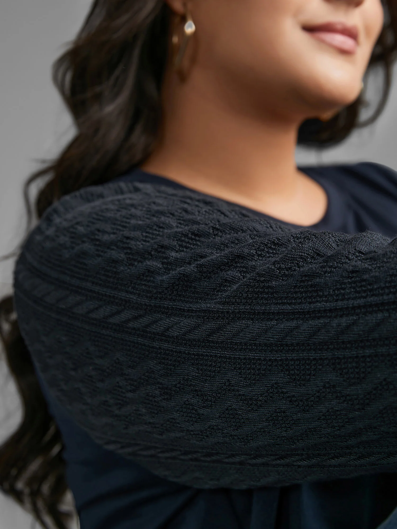Crew Neck Plain Textured Patchwork Sweatshirt - Image 5