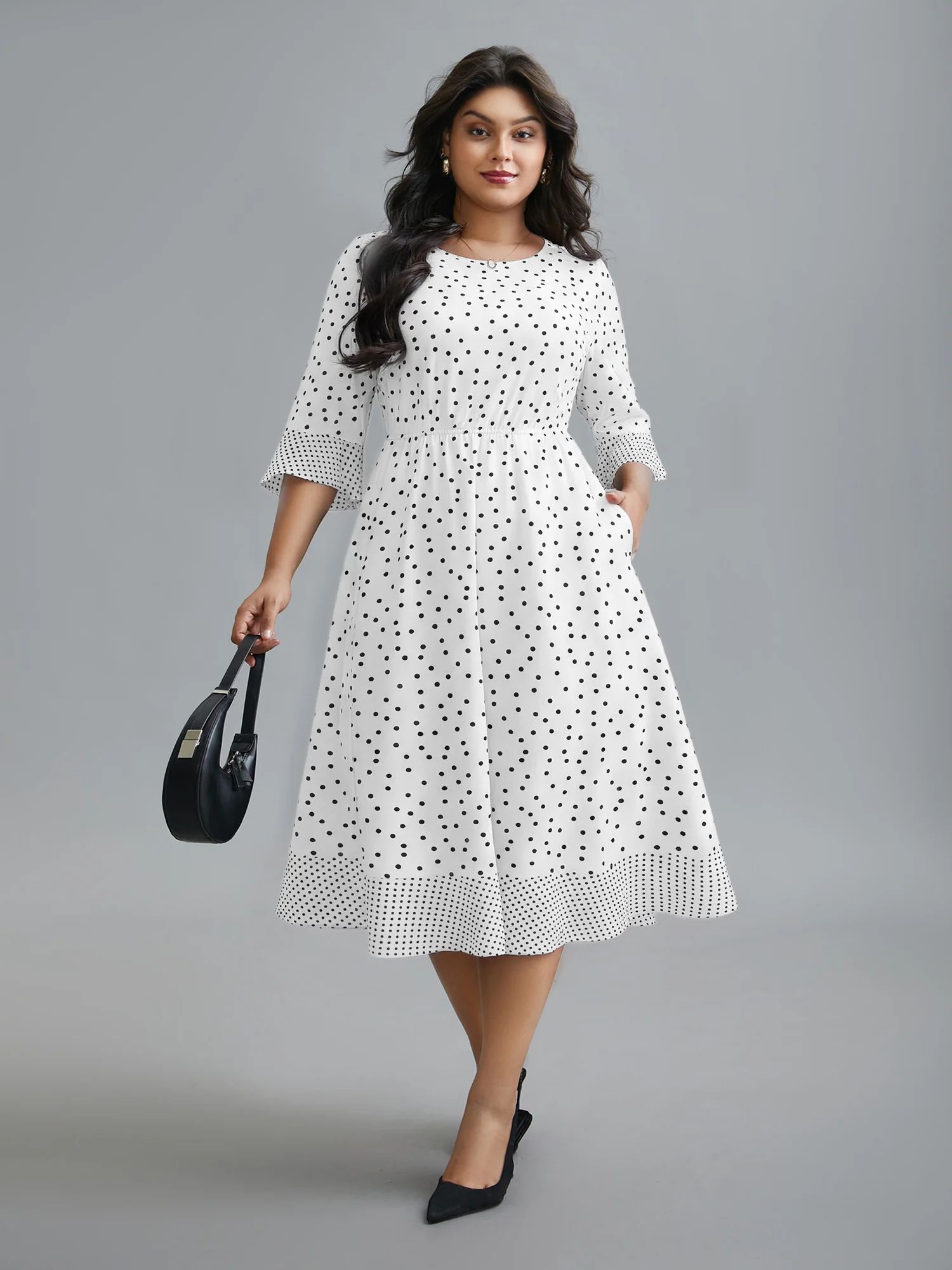 Crew Neck Polka Dot Waist Cinched Dress - Image 12