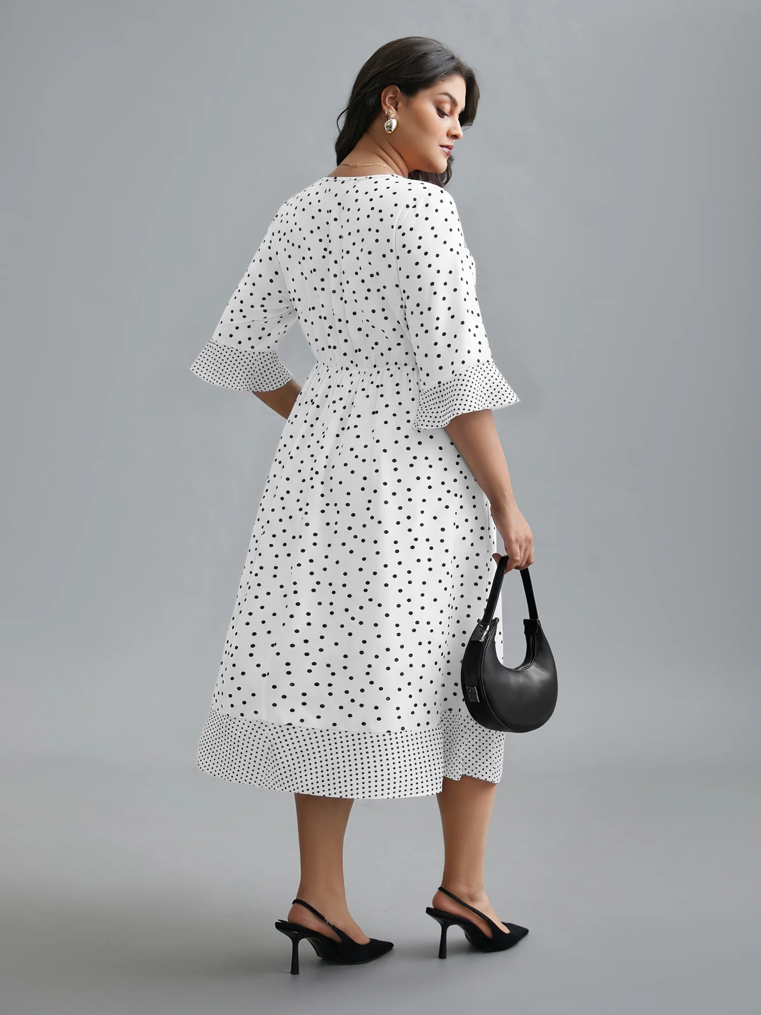 Crew Neck Polka Dot Waist Cinched Dress - Image 13
