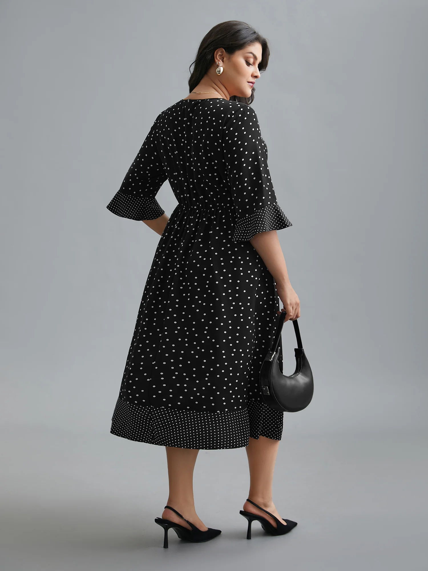Crew Neck Polka Dot Waist Cinched Dress - Image 5
