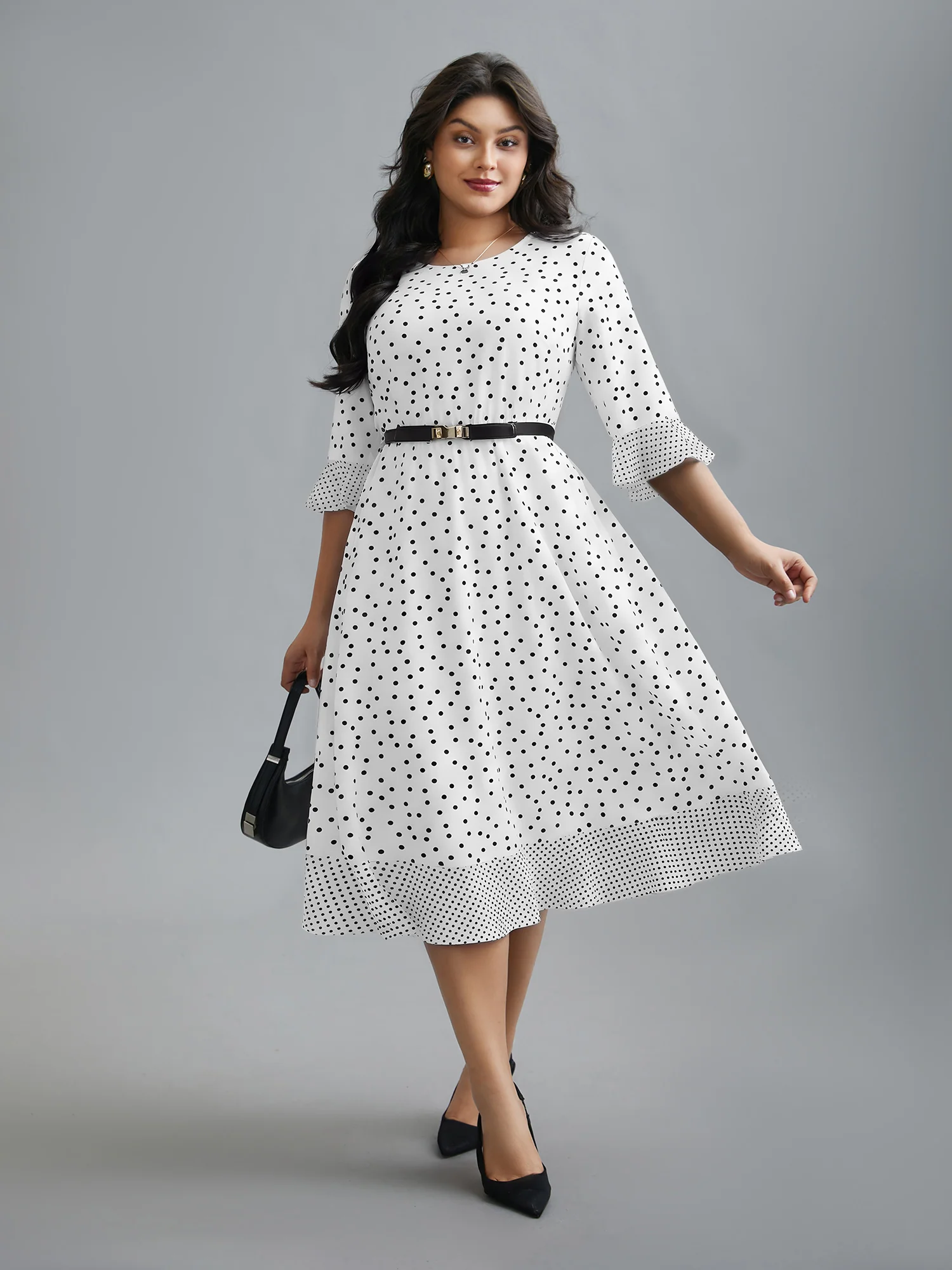 Crew Neck Polka Dot Waist Cinched Dress - Image 9
