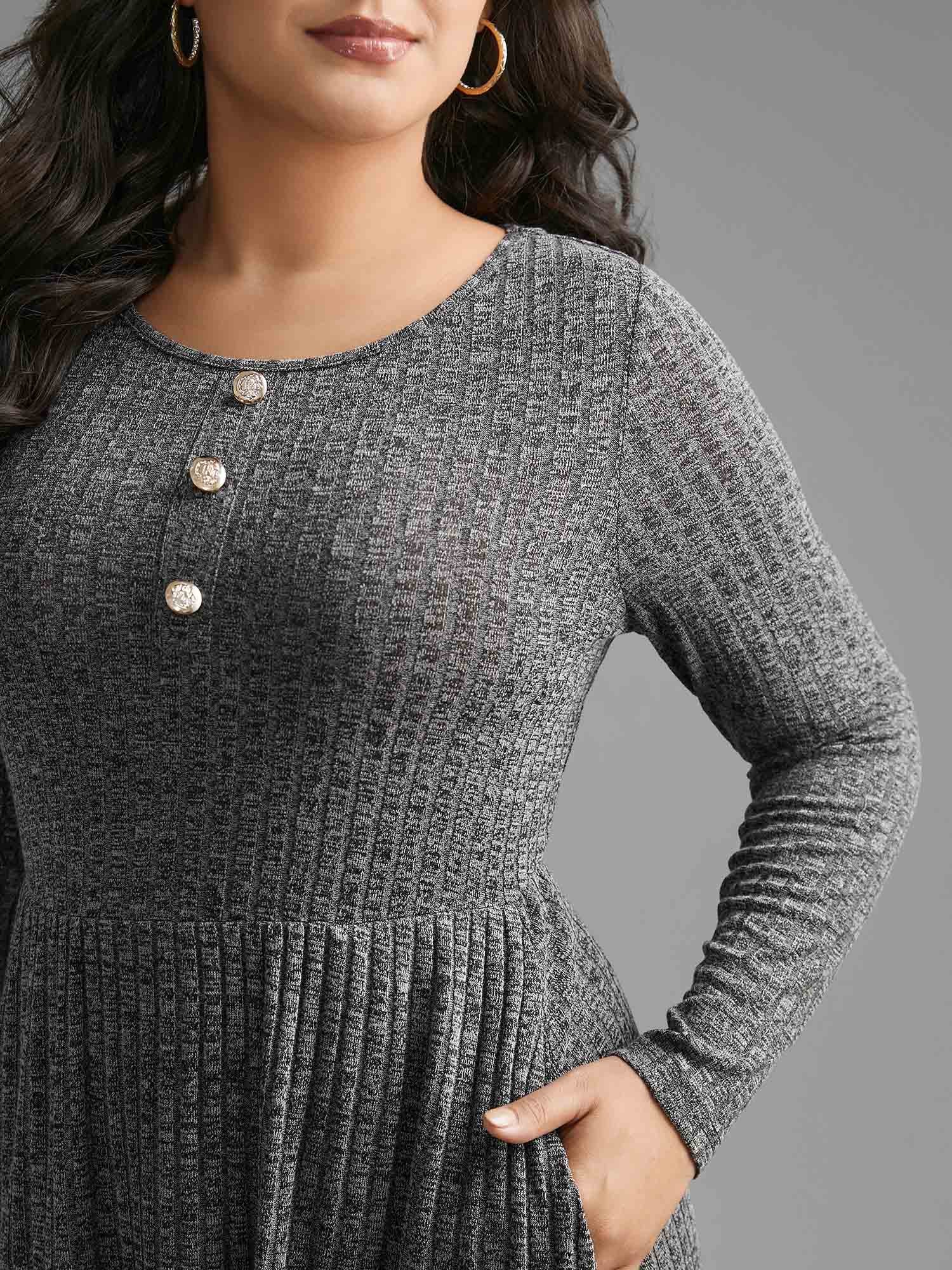 Crew Neck Rib Knit Button Detail Dress - Image 2