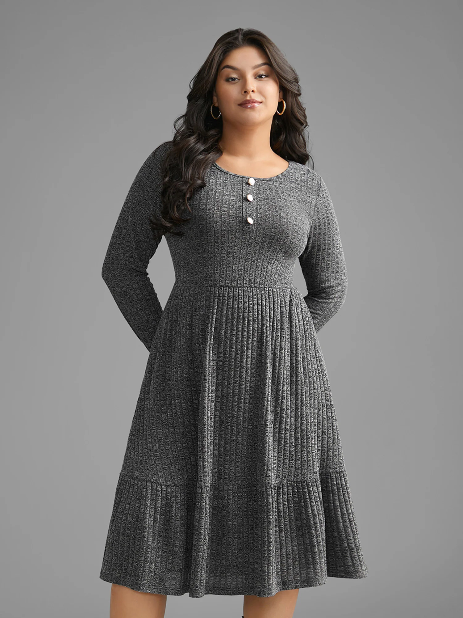 Crew Neck Rib Knit Button Detail Dress - Image 3