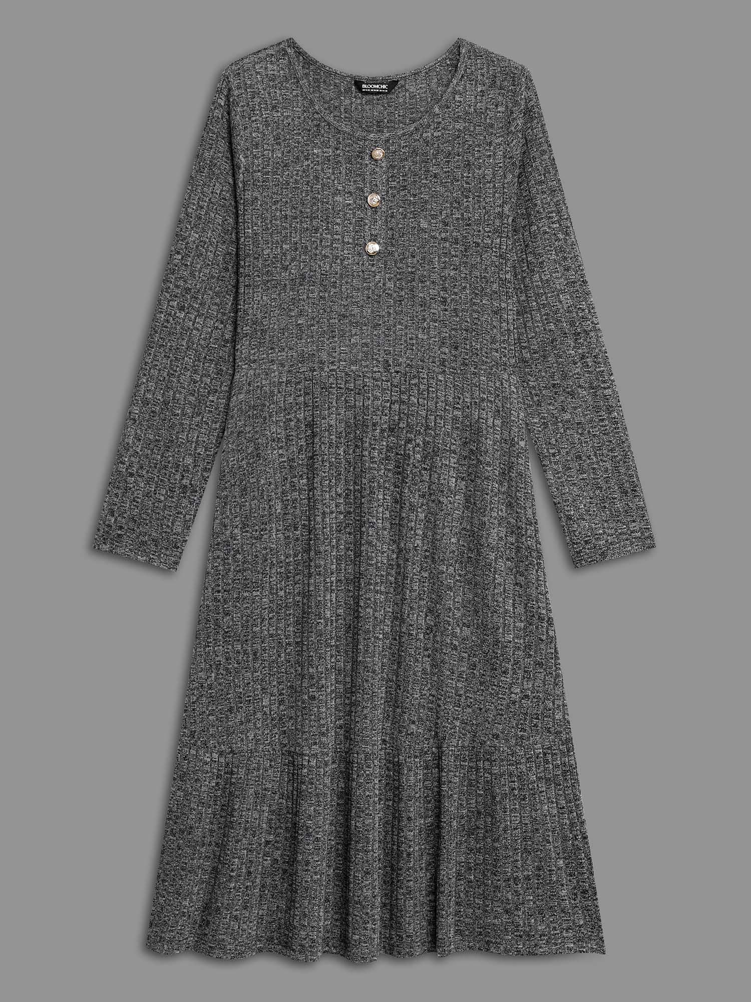 Crew Neck Rib Knit Button Detail Dress - Image 7