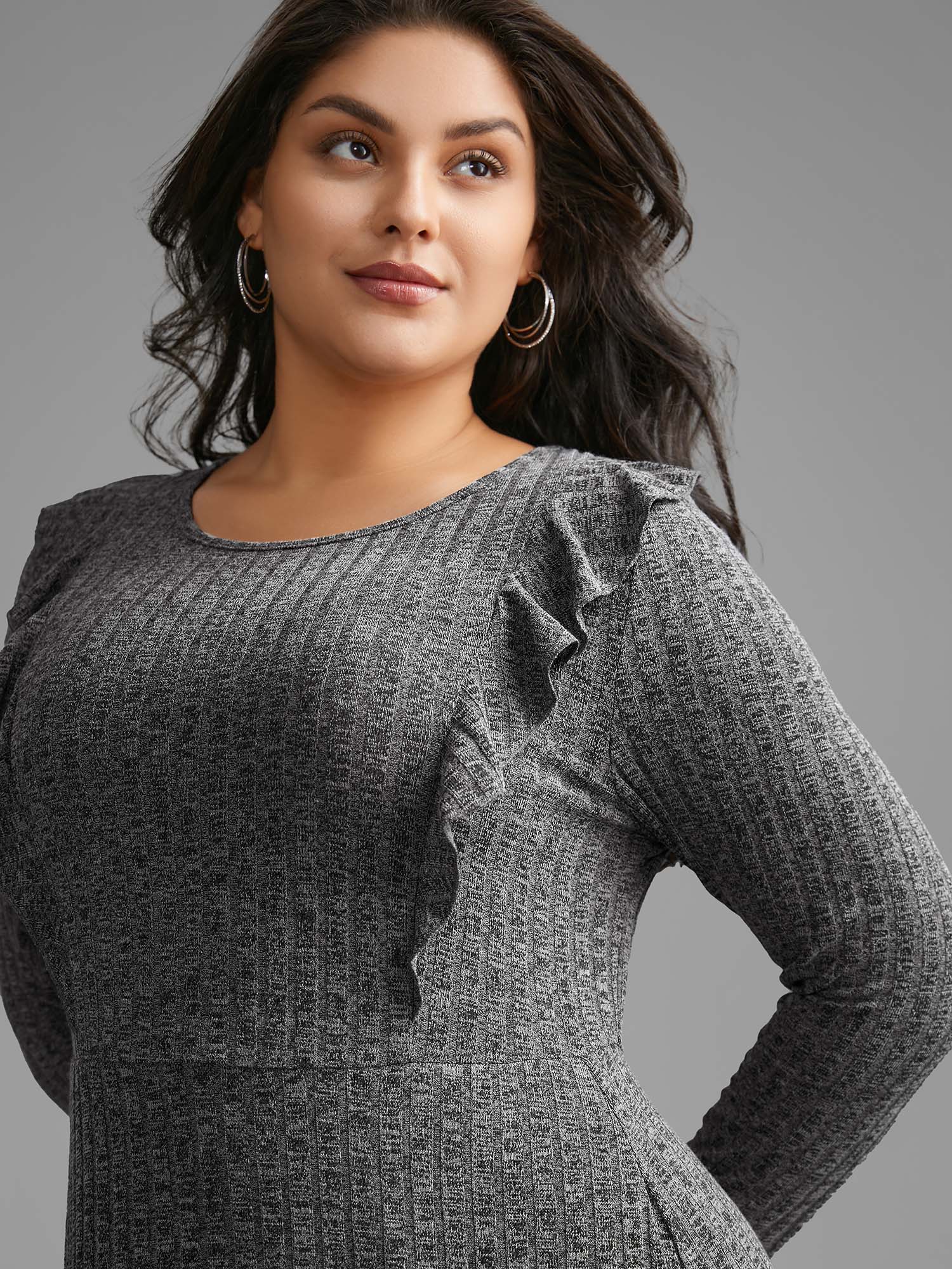 Crew Neck Ruffle Trim Knit Dress - Image 2