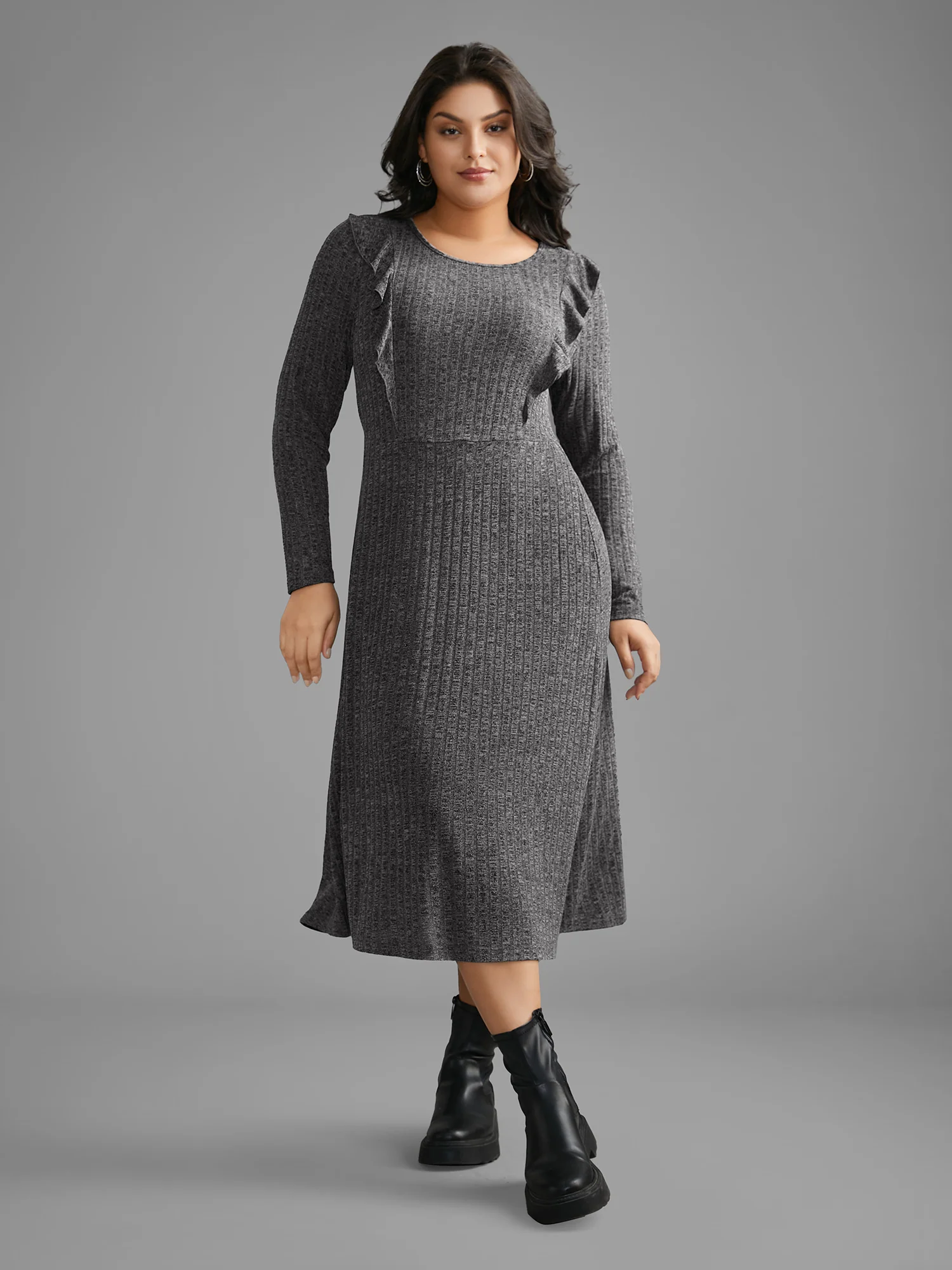 Crew Neck Ruffle Trim Knit Dress - Image 3