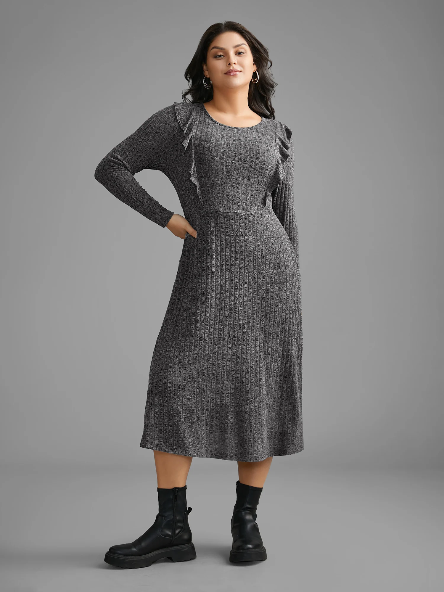 Crew Neck Ruffle Trim Knit Dress - Image 4