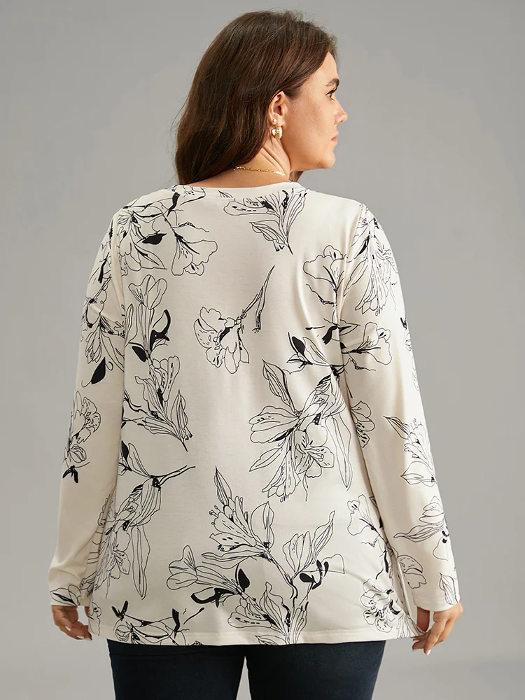 Crew Neck Silhouette Floral Print Basic T-shirt - Image 2