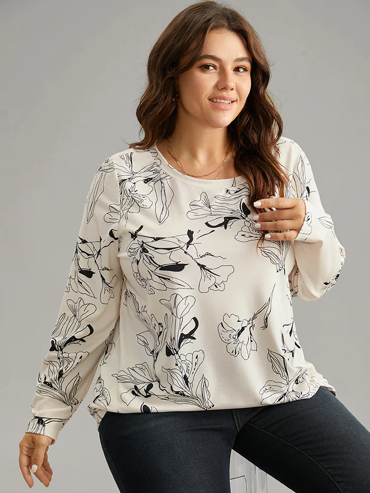 Crew Neck Silhouette Floral Print Basic T-shirt - Image 3