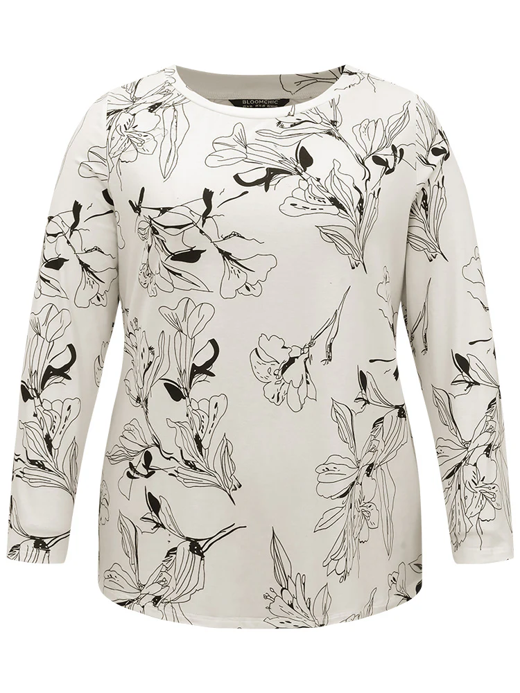 Crew Neck Silhouette Floral Print Basic T-shirt - Image 6
