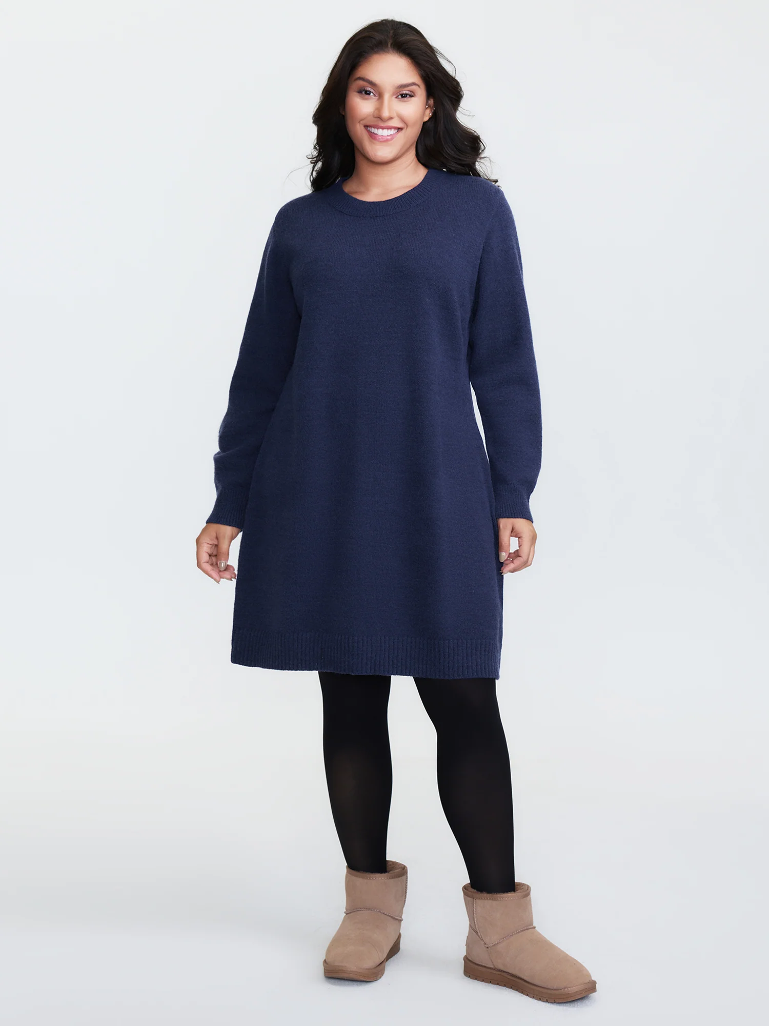 Crew Neck Solid Midi Sweater Dress - Image 3