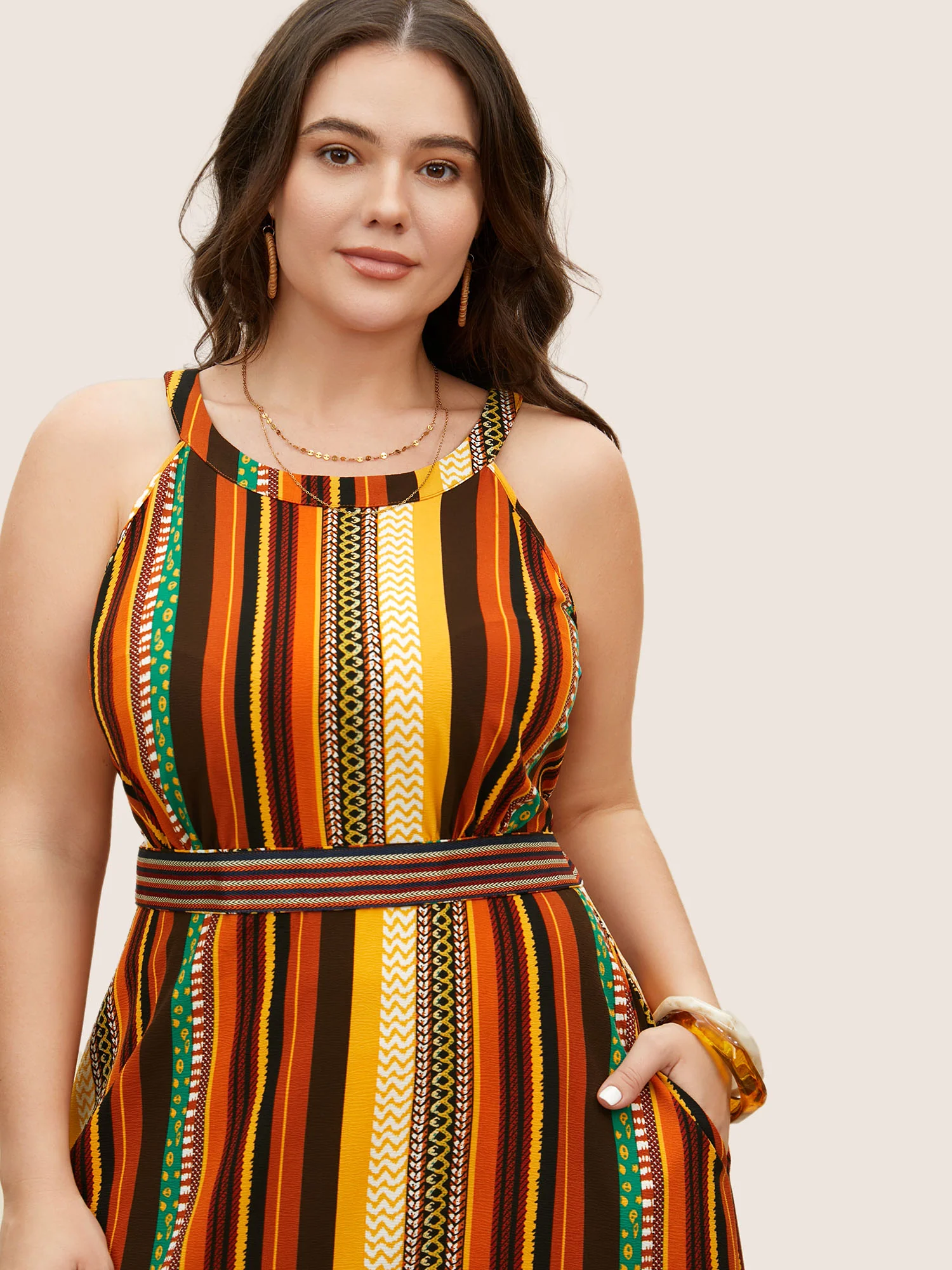 Crew Neck Striped Contrast Webbing Dress - Image 2