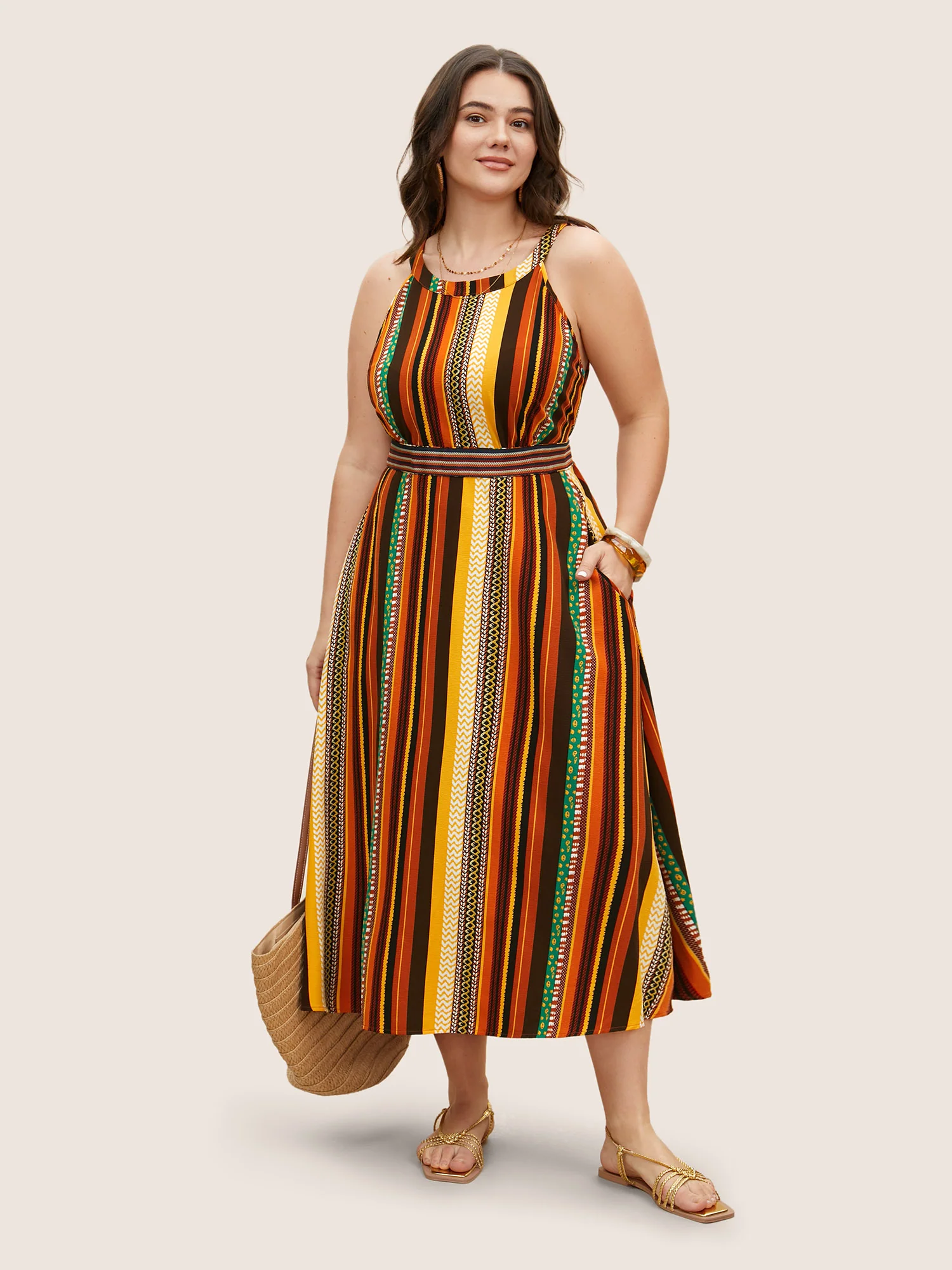 Crew Neck Striped Contrast Webbing Dress - Image 3