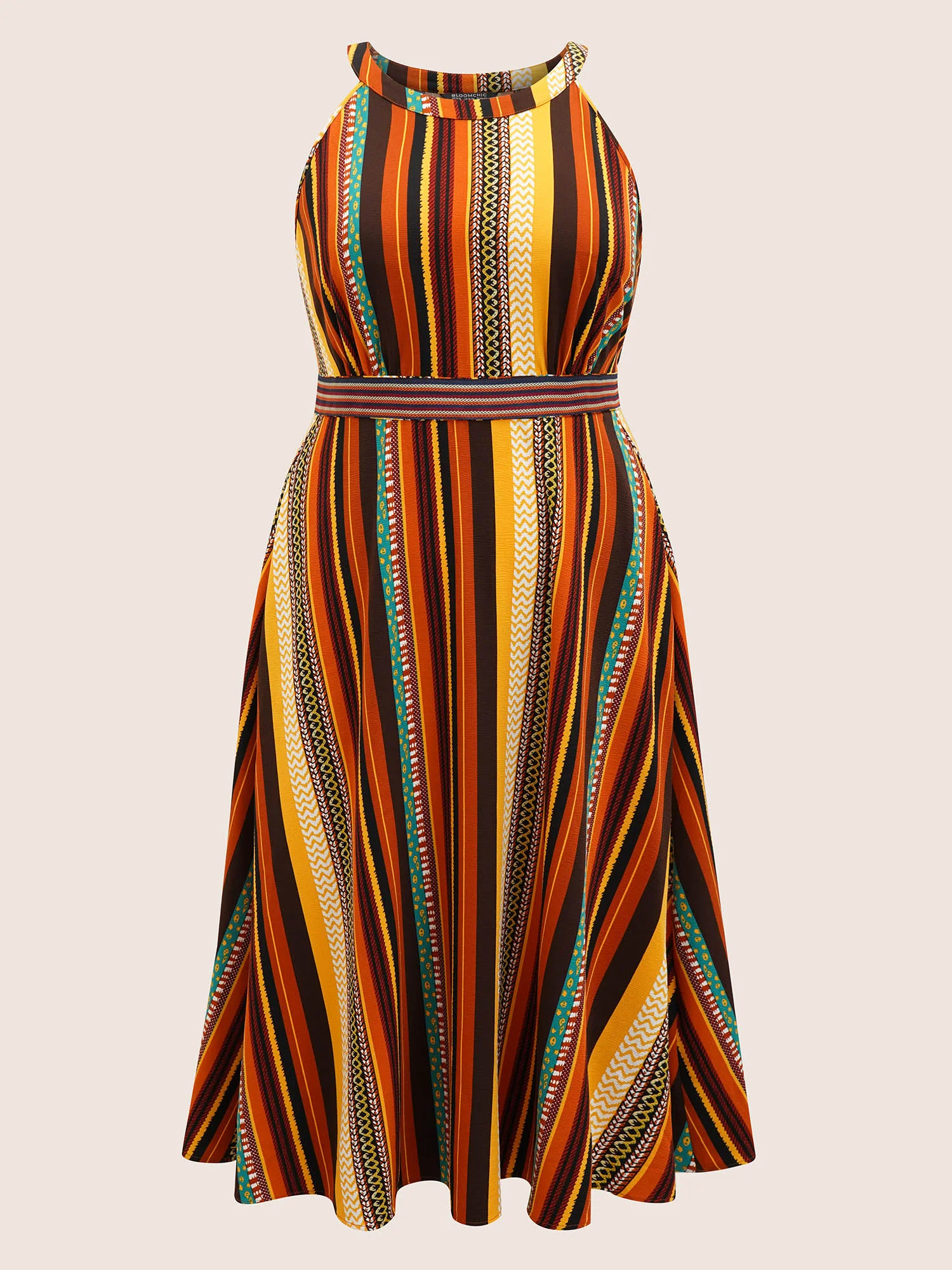 Crew Neck Striped Contrast Webbing Dress - Image 7