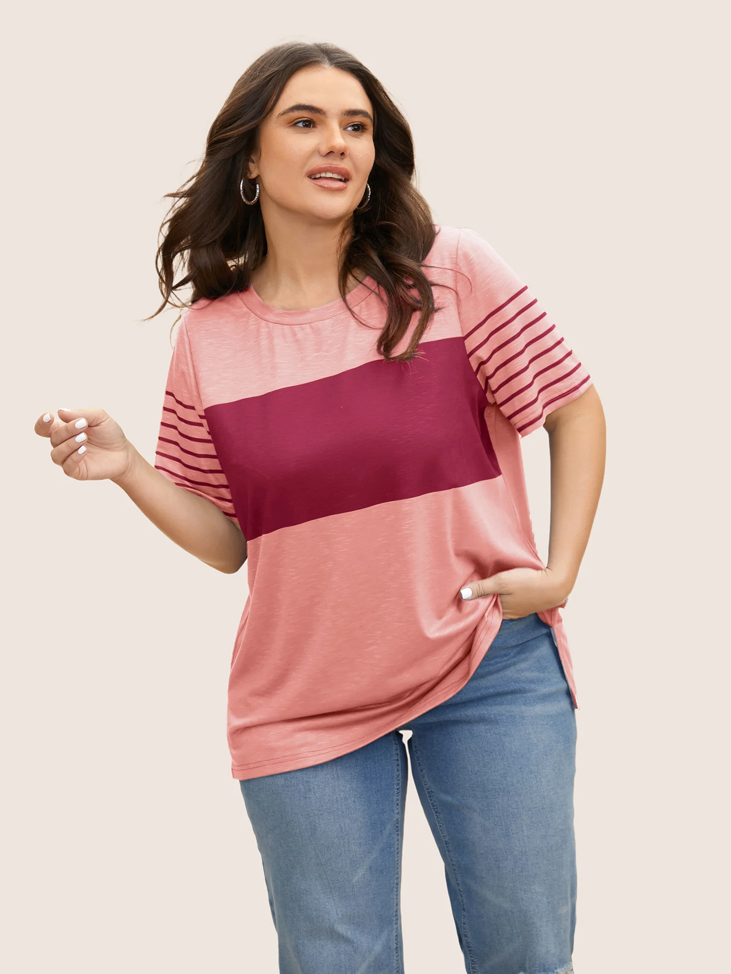 Crew Neck Striped Patchwork Contrast T-shirt