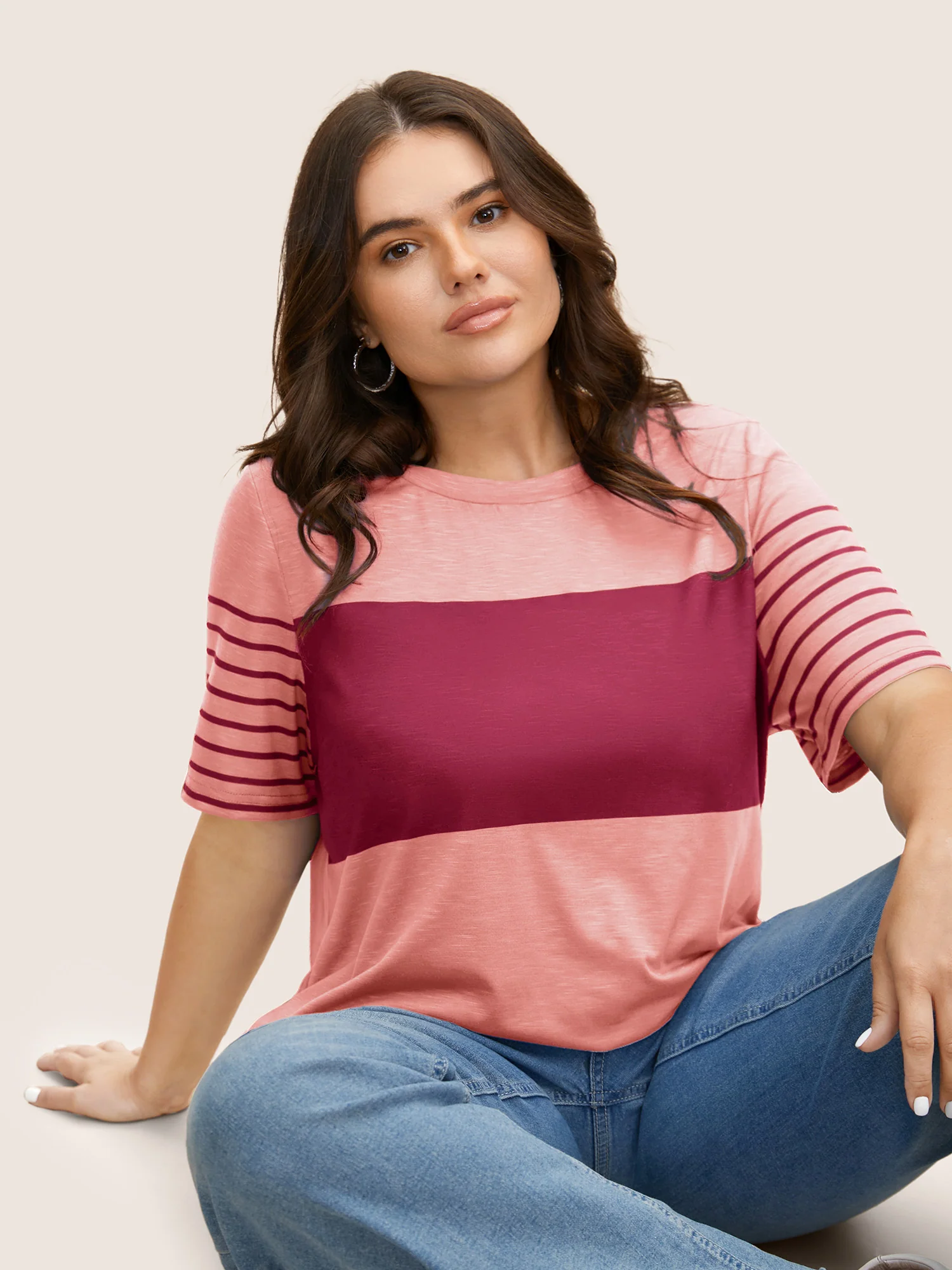 Crew Neck Striped Patchwork Contrast T-shirt - Image 2