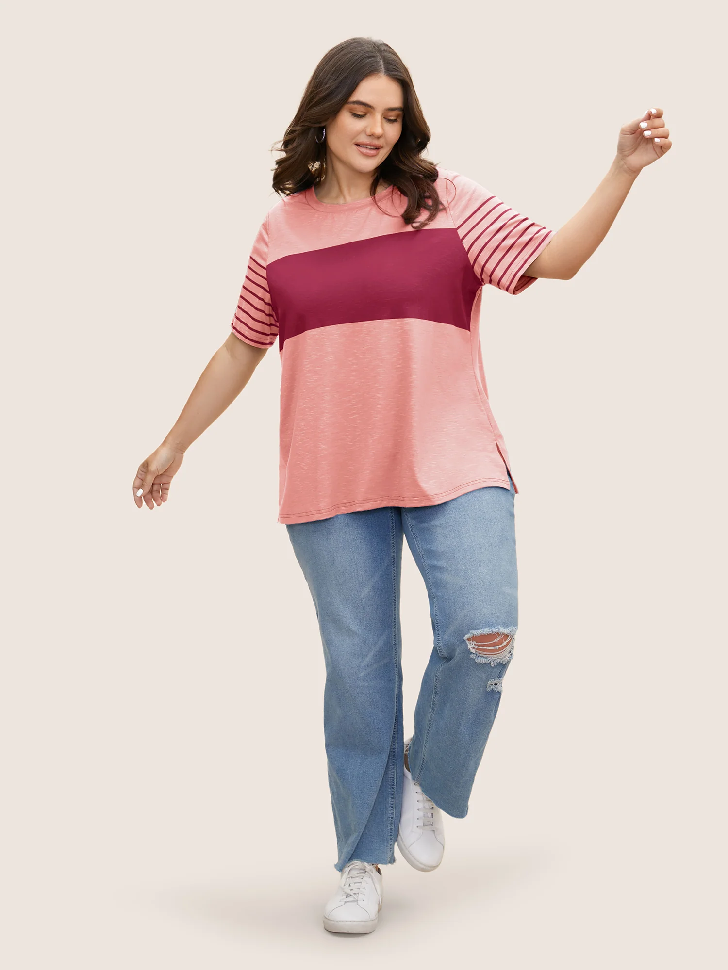 Crew Neck Striped Patchwork Contrast T-shirt - Image 3