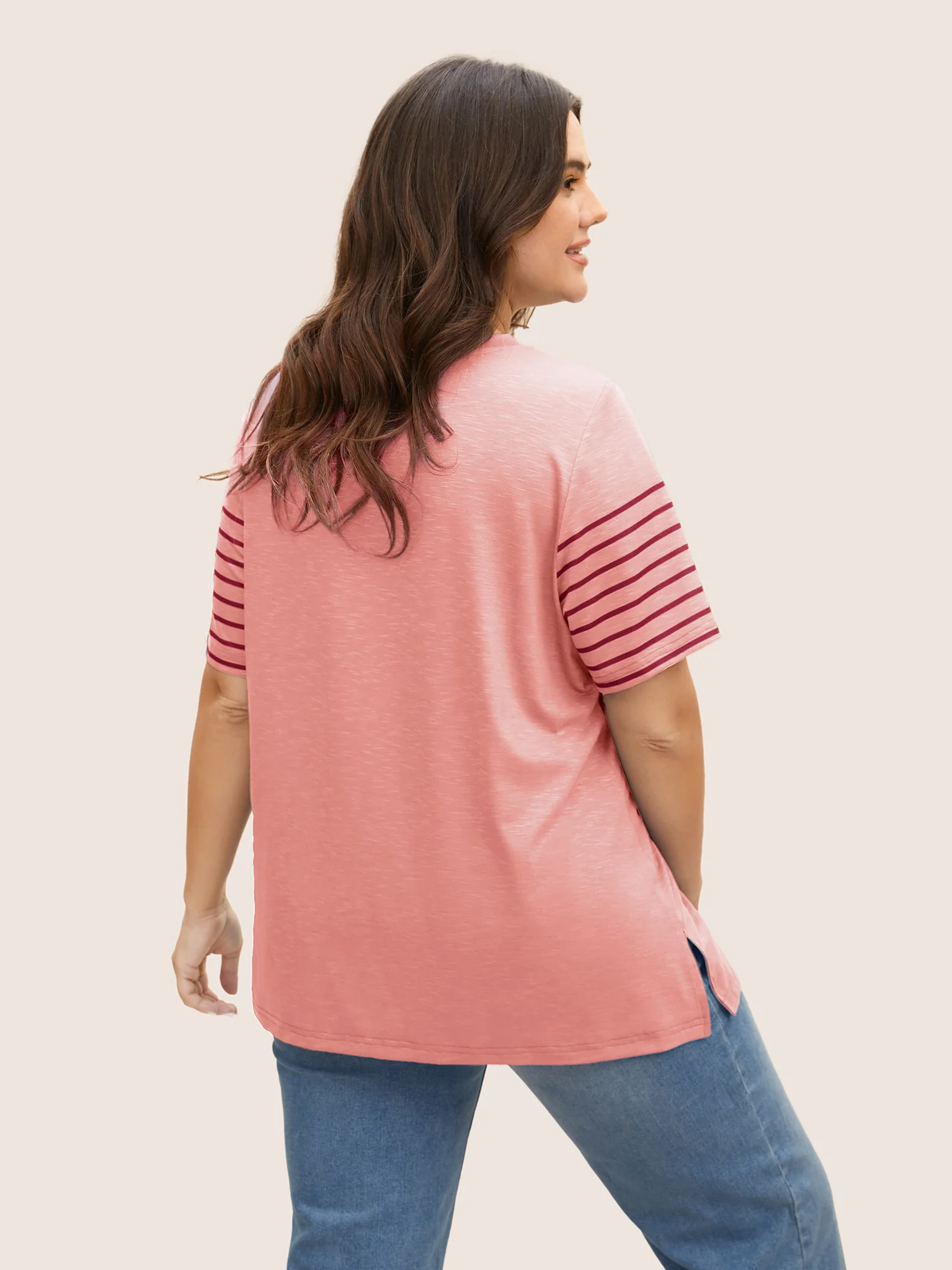 Crew Neck Striped Patchwork Contrast T-shirt - Image 5
