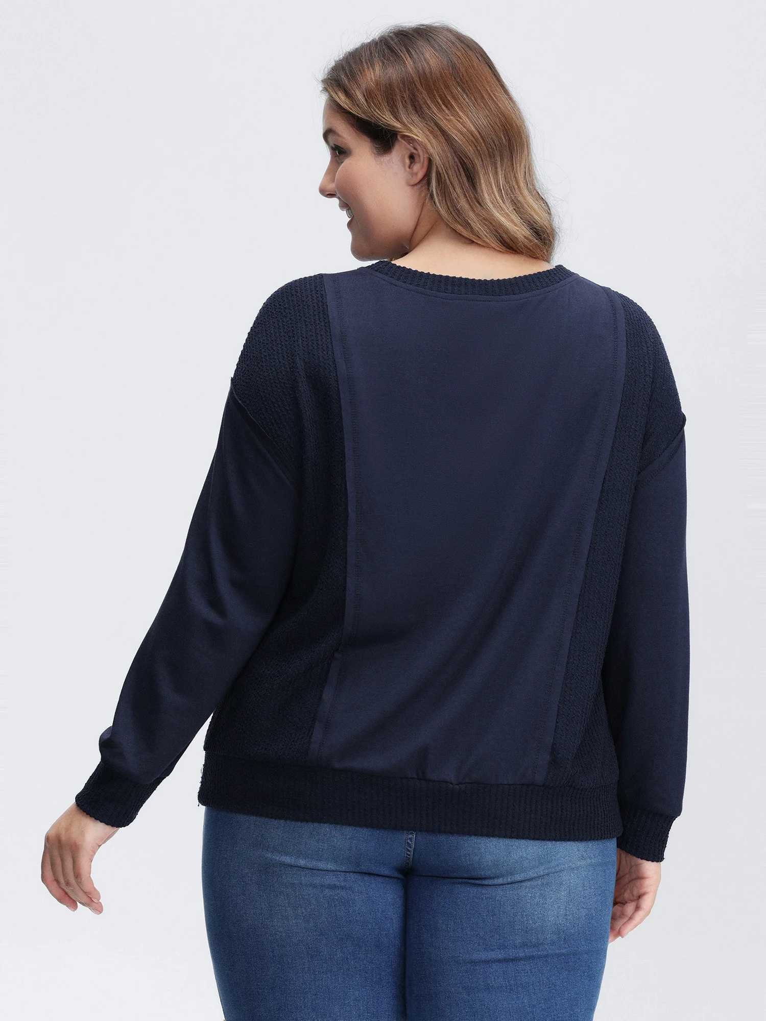 Crew Neck Textured Patchwork Sweatshirt - Image 4