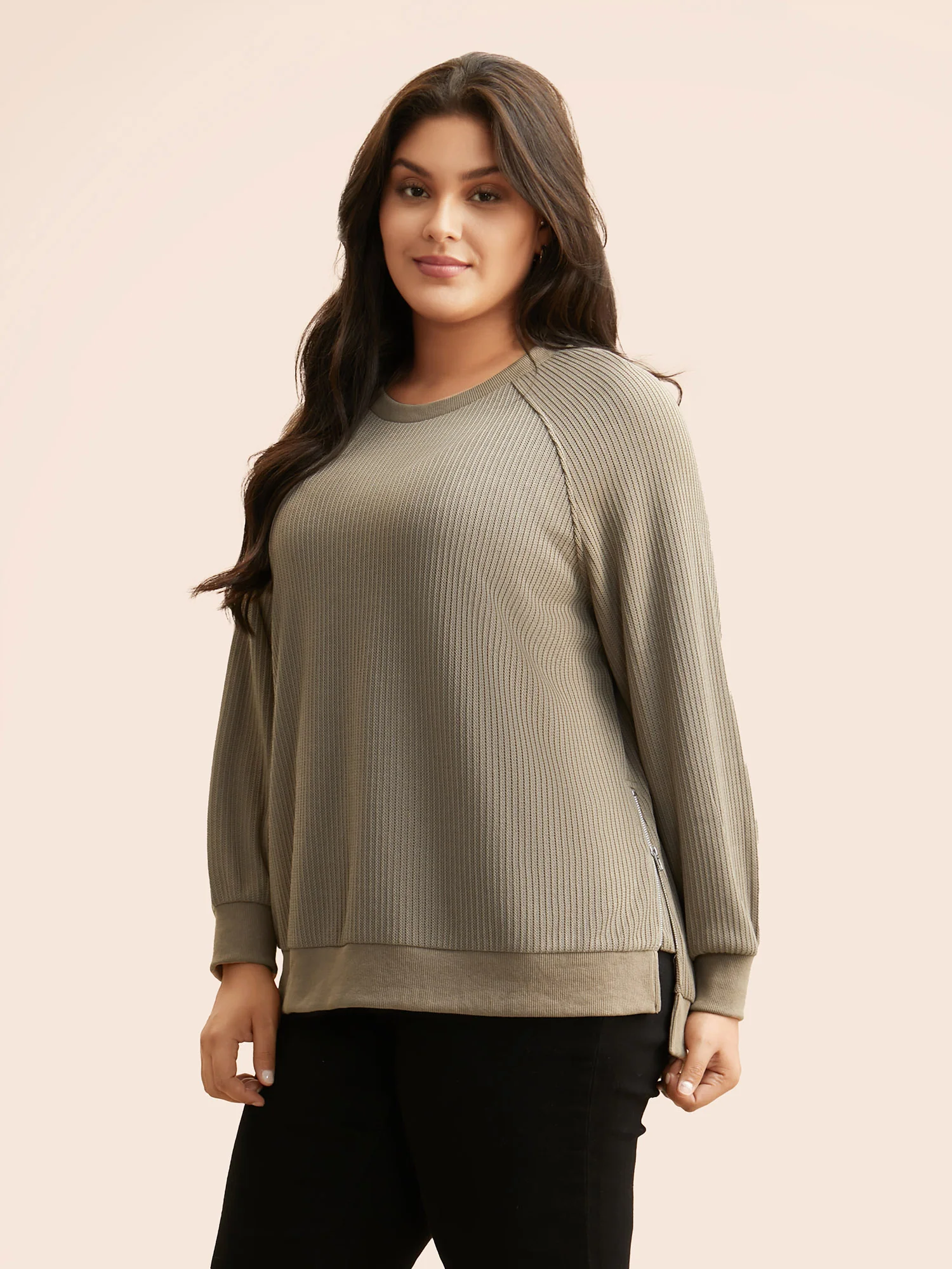 Crew Neck Zipper Detail Raglan Sleeve Sweatshirt - Image 2