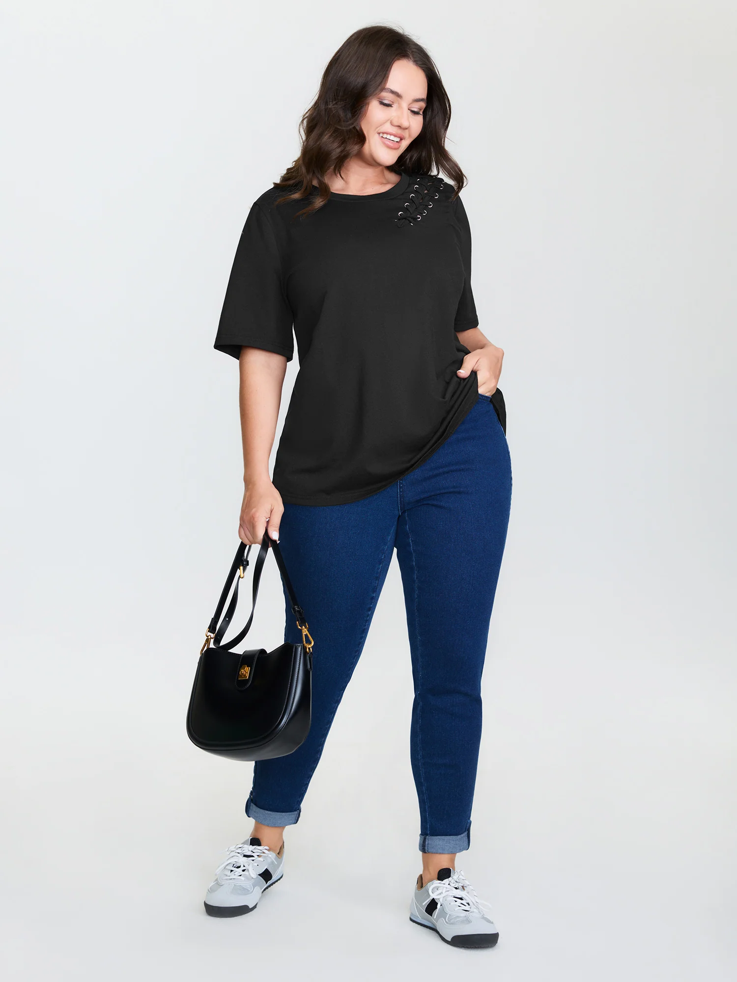 Crisscross Cut-Out Plain T-Shirt - Image 3