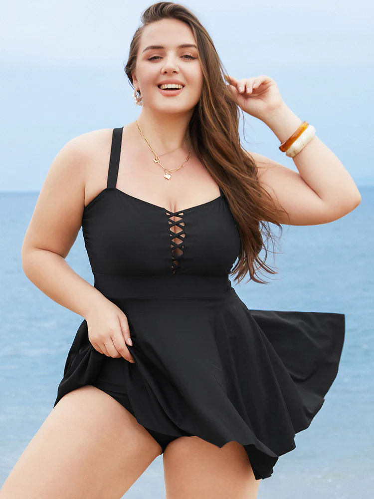 Crisscross Cut Out Sculpt Waist Ruffle Hem Swim Dress - Image 4