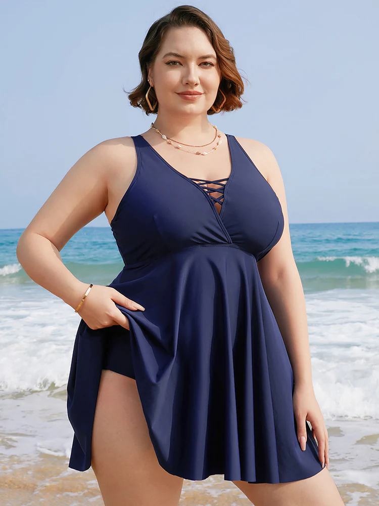 Crisscross Neck Adjustable Straps Ruffles Hem Swim Dress - Image 3