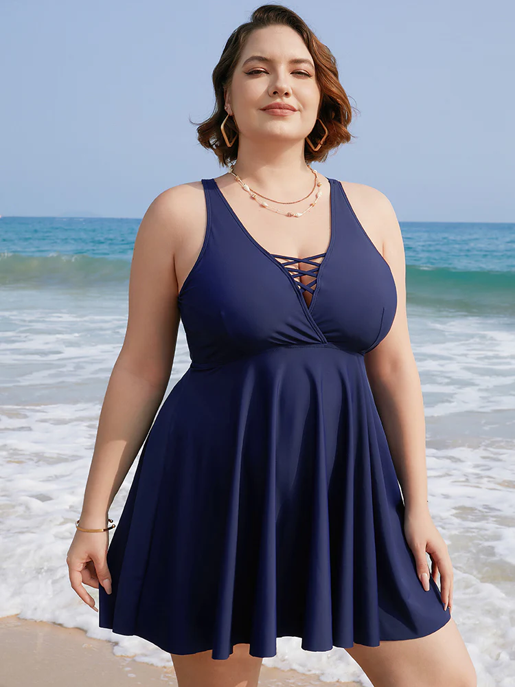 Crisscross Neck Adjustable Straps Ruffles Hem Swim Dress - Image 4