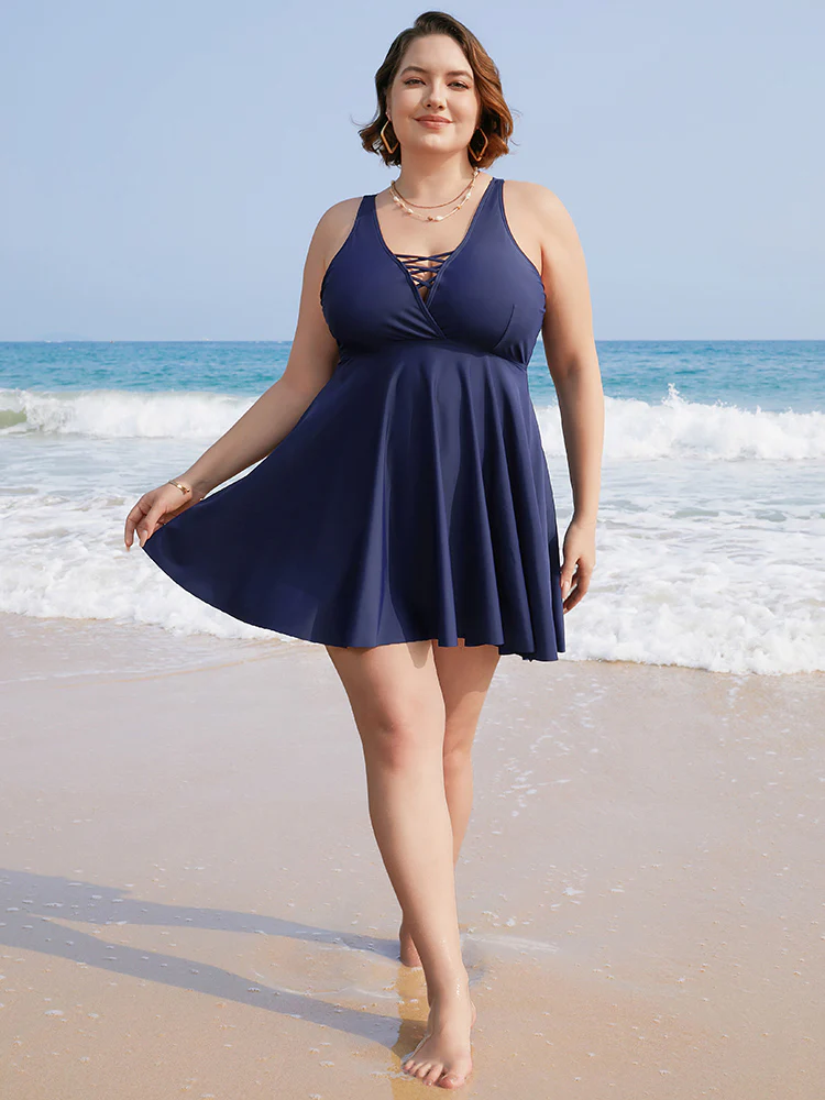 Crisscross Neck Adjustable Straps Ruffles Hem Swim Dress - Image 5