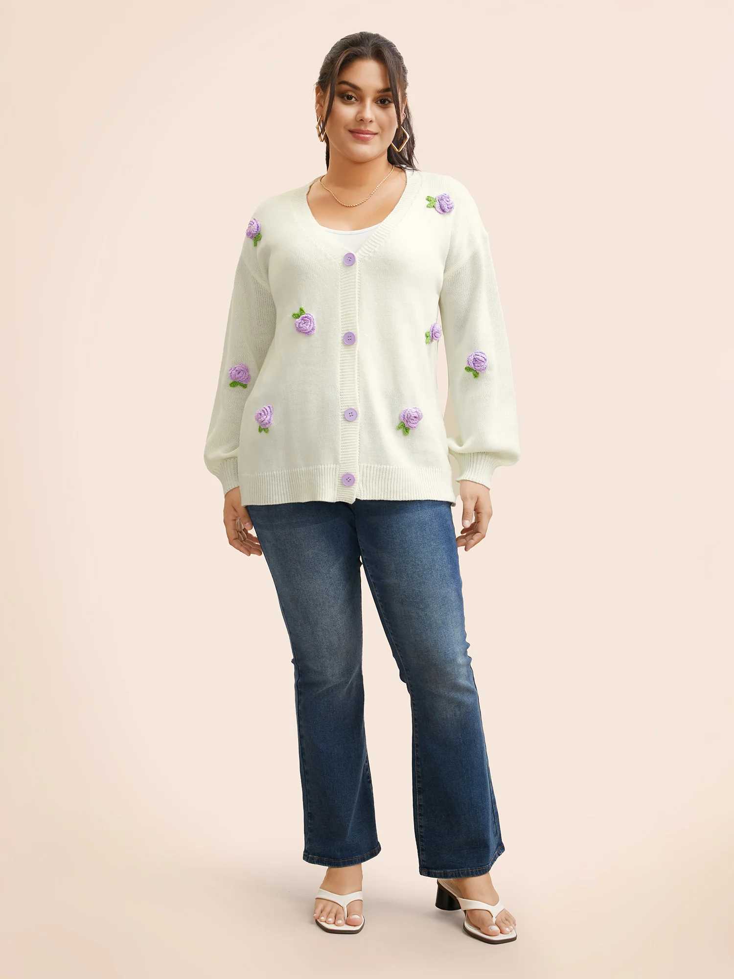 Crochet Floral Contrast Button Up Cardigan - Image 3