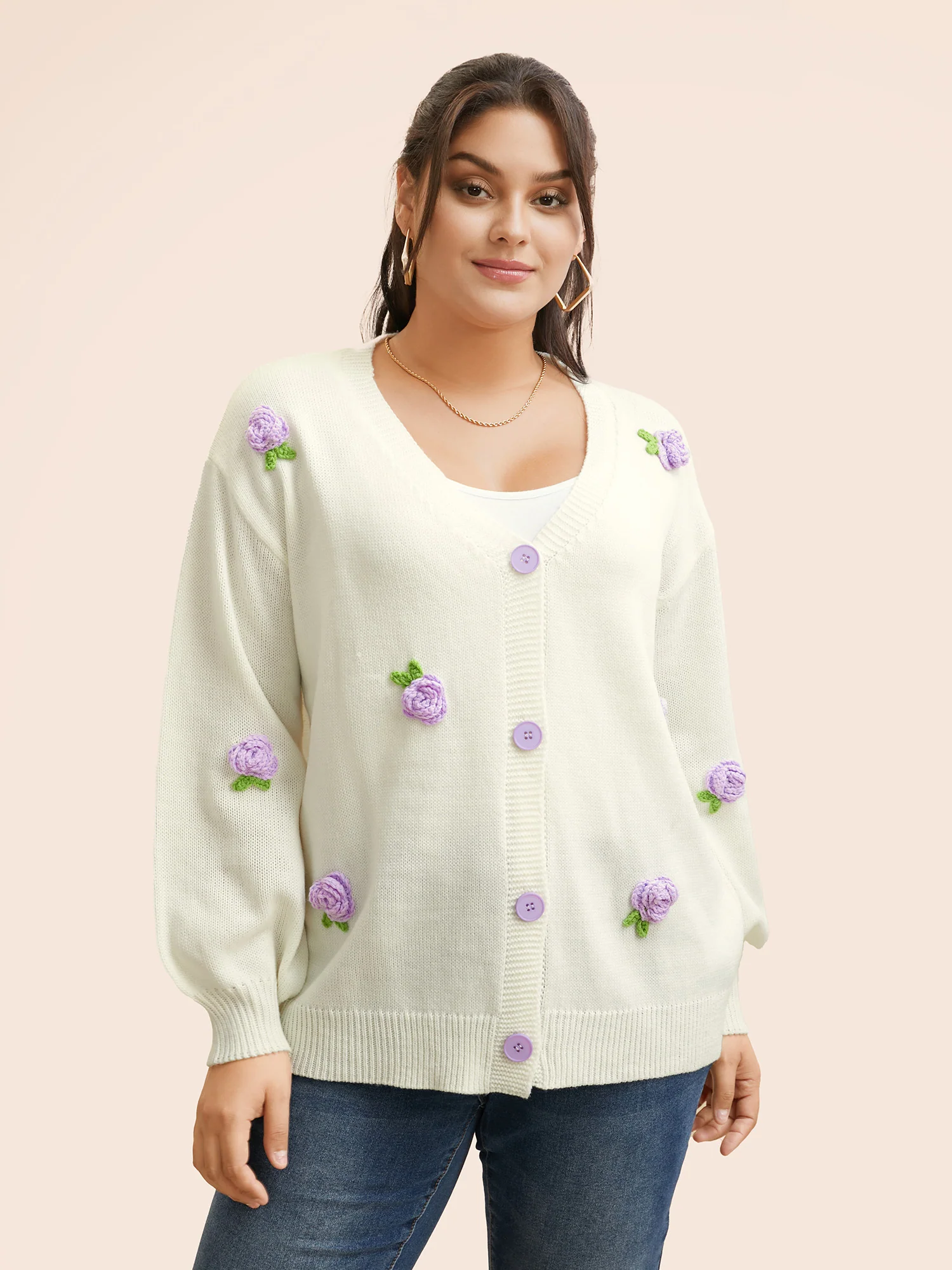 Crochet Floral Contrast Button Up Cardigan - Image 5
