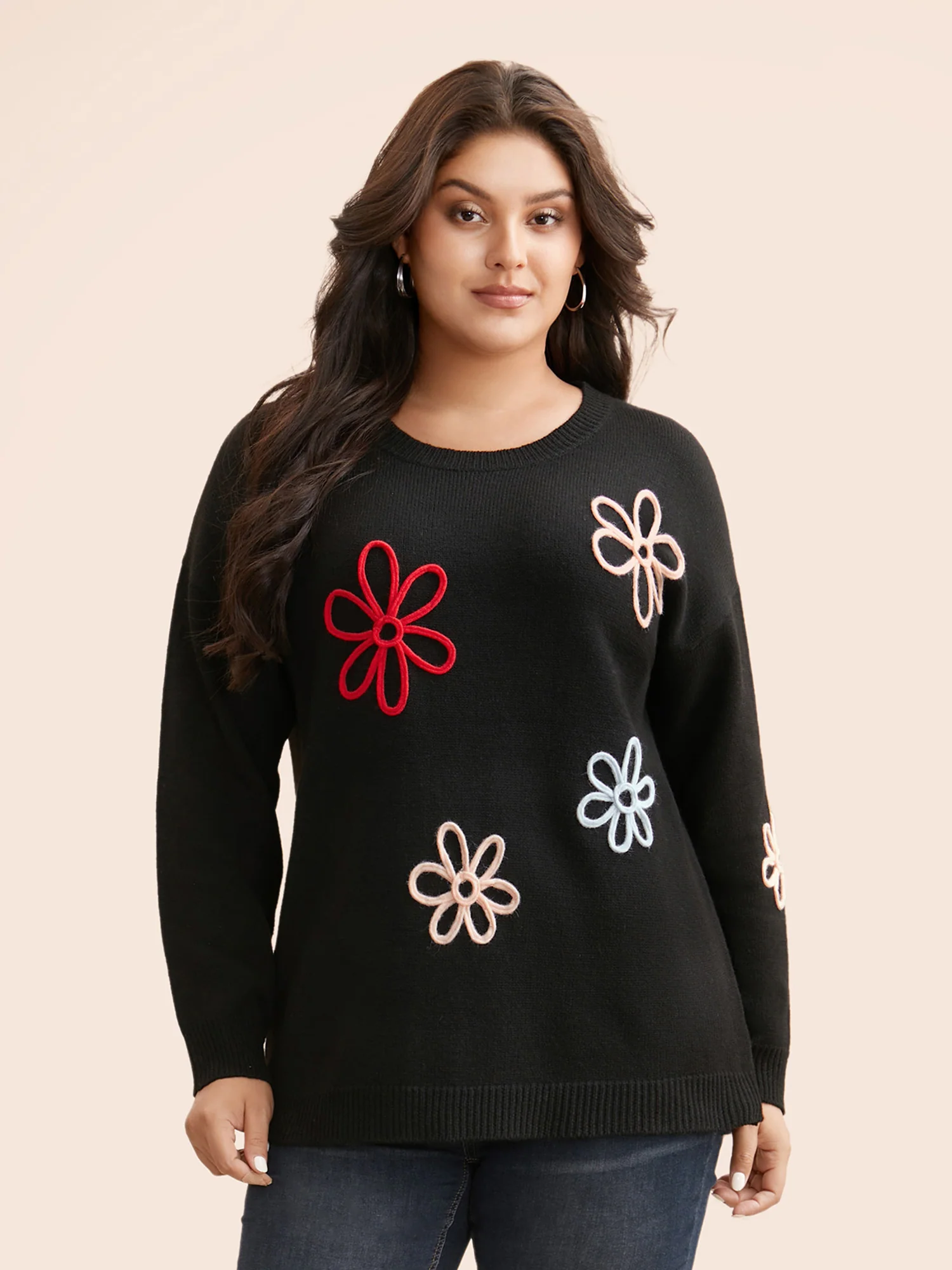 Crochet Floral Crew Neck Pullover - Image 3