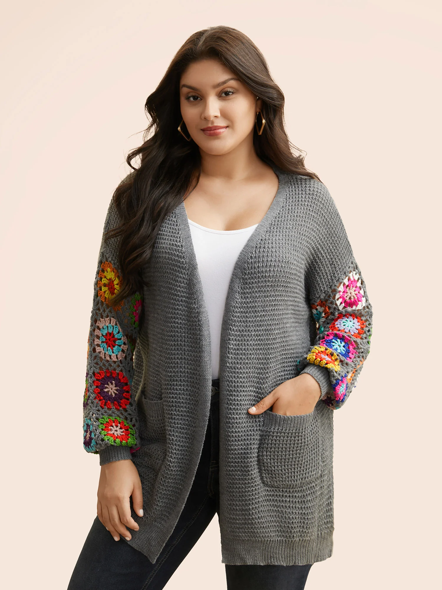 Crochet Floral Drop Shoulder Cut Out Cardigan - Image 10