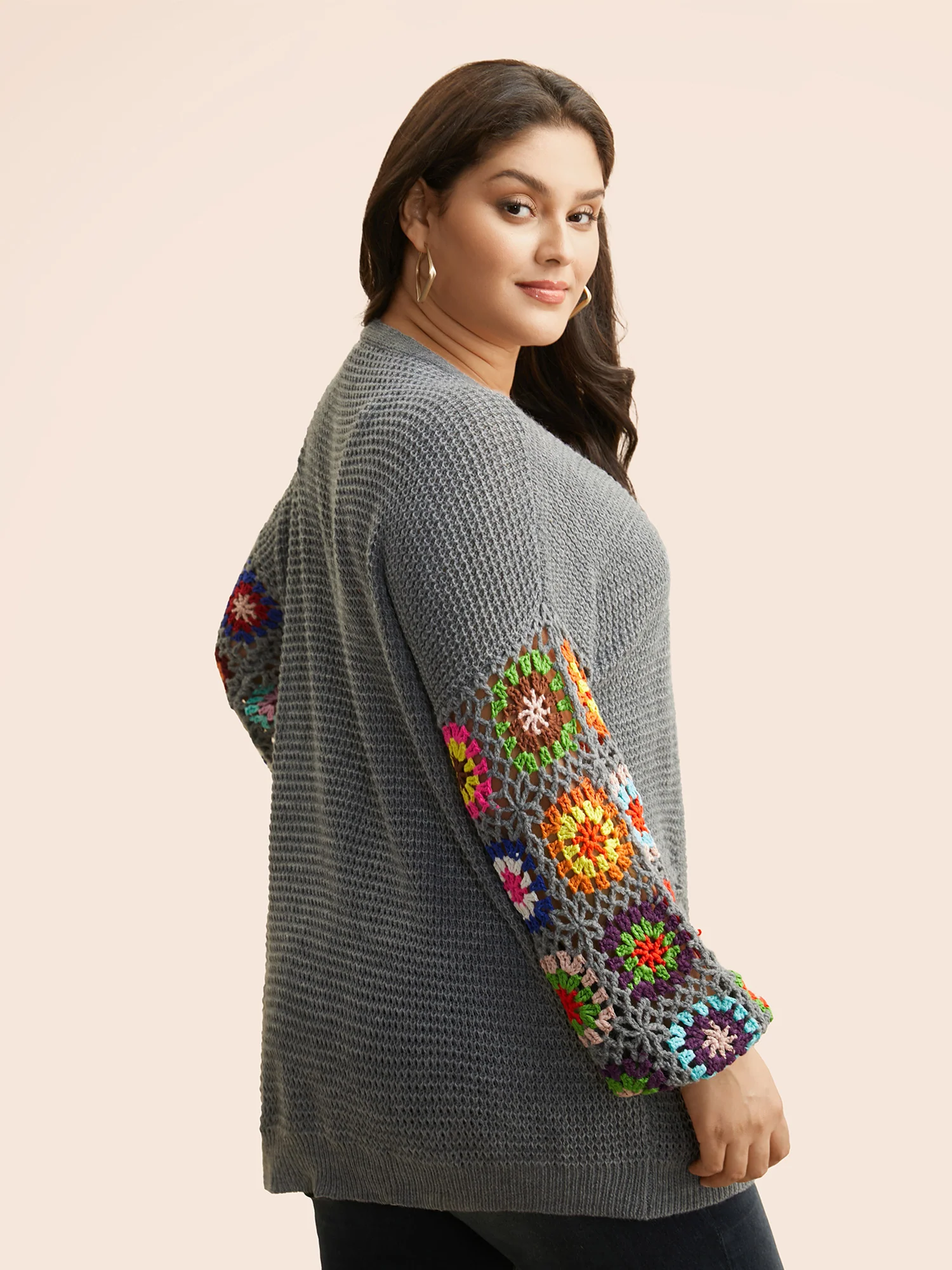 Crochet Floral Drop Shoulder Cut Out Cardigan - Image 11