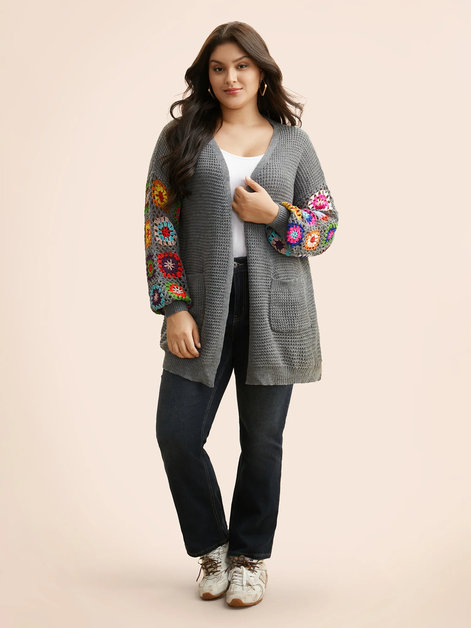 Crochet Floral Drop Shoulder Cut Out Cardigan - Image 12