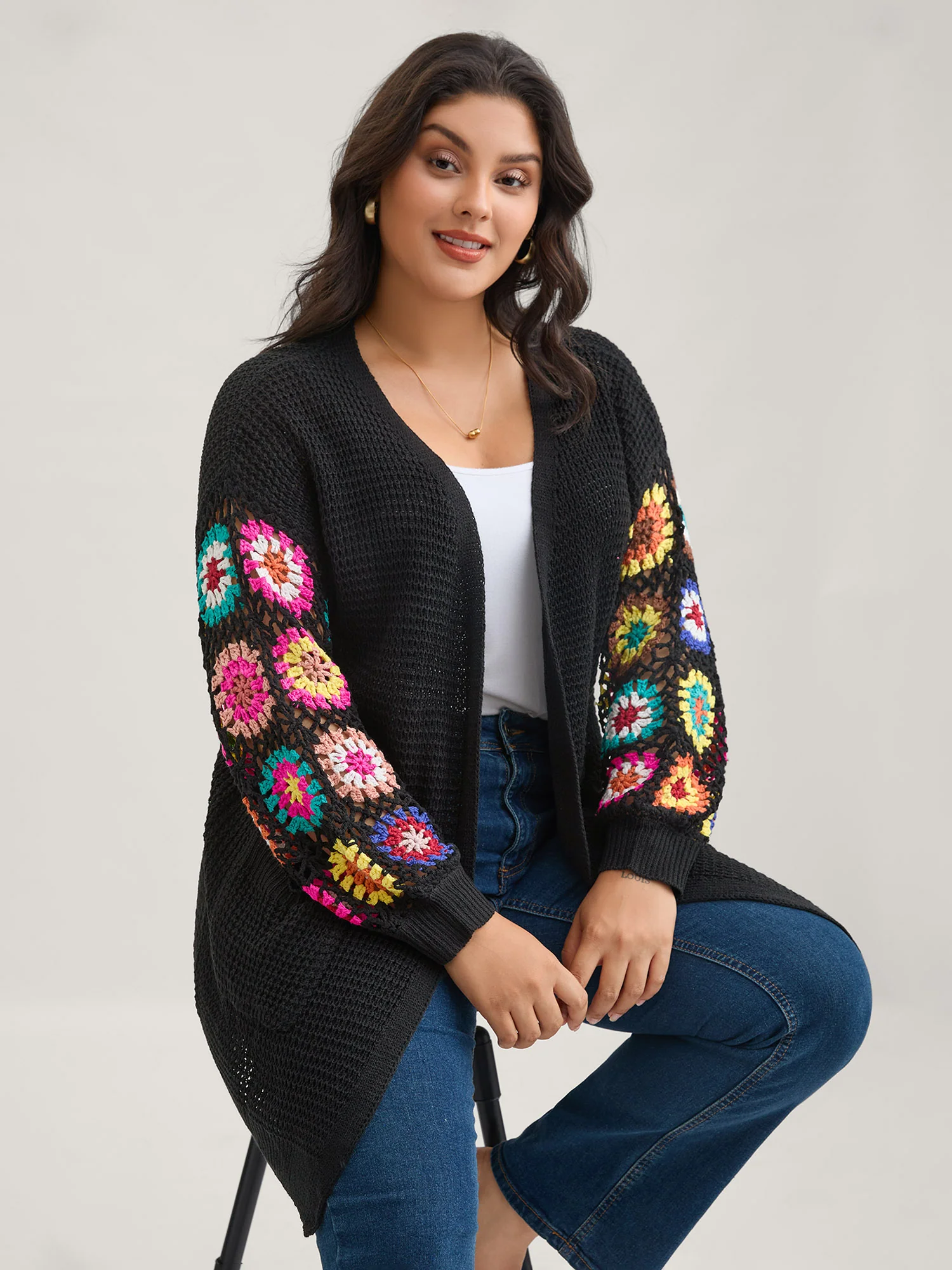 Crochet Floral Drop Shoulder Cut Out Cardigan - Image 2