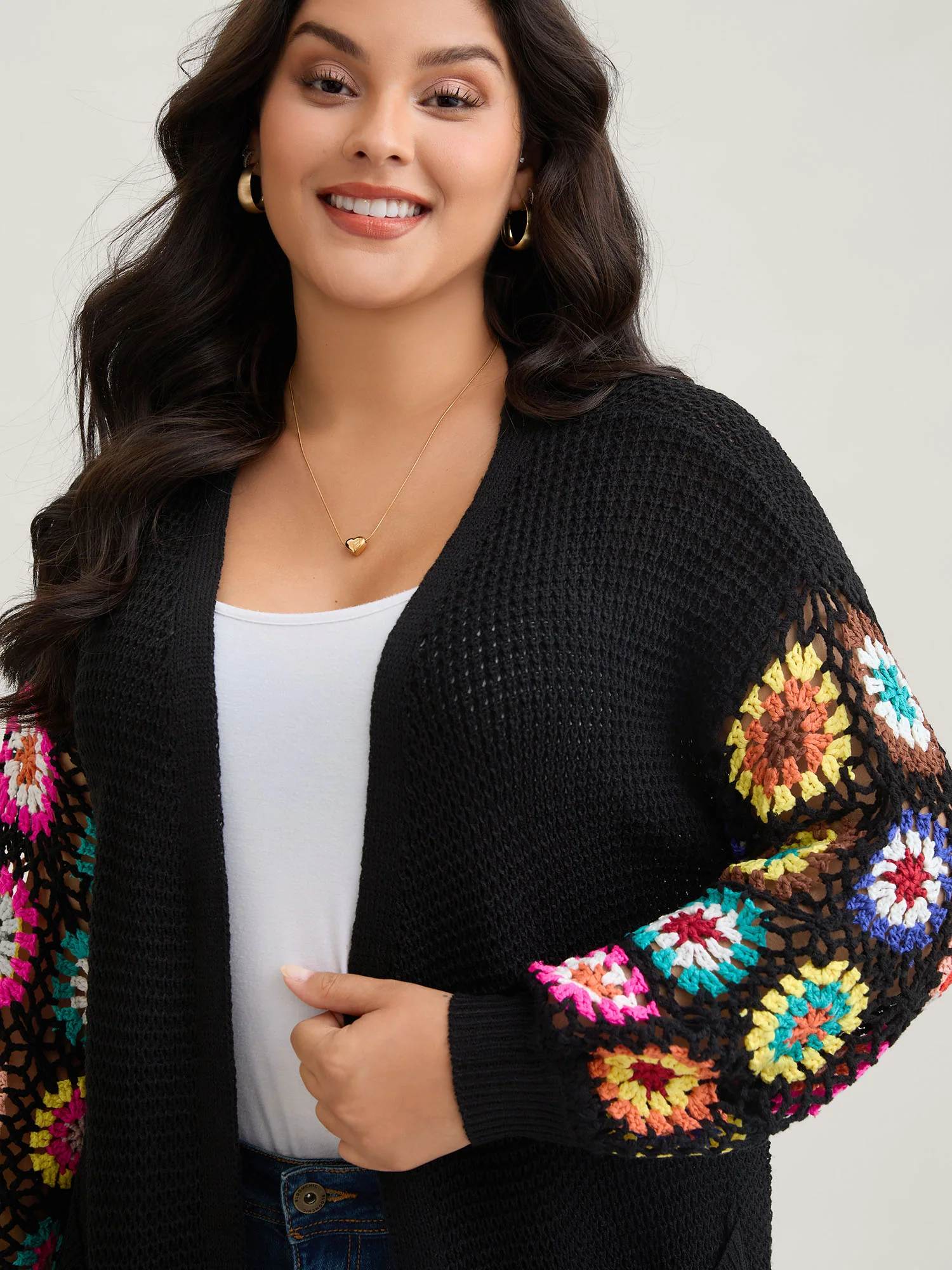 Crochet Floral Drop Shoulder Cut Out Cardigan - Image 3