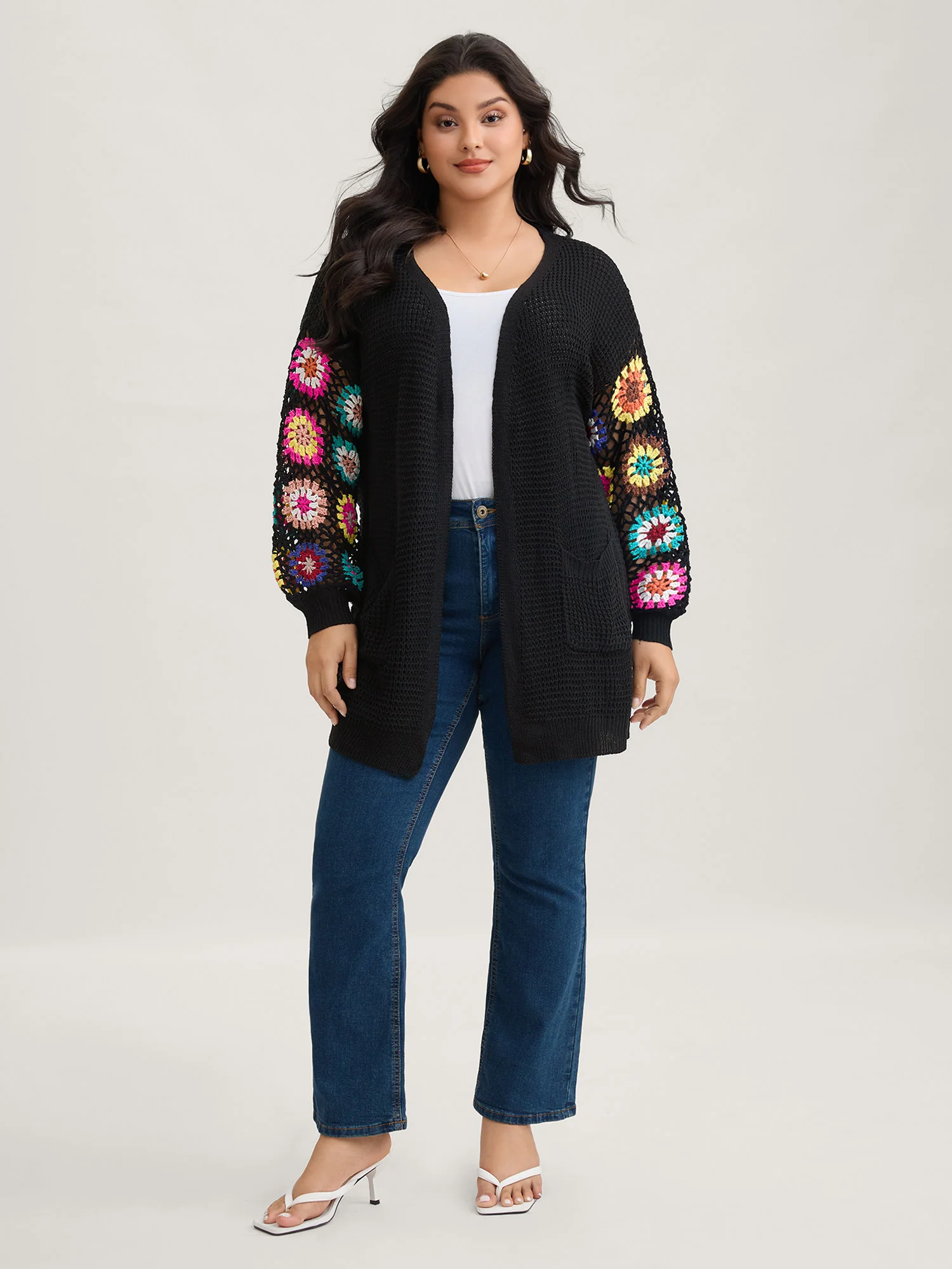 Crochet Floral Drop Shoulder Cut Out Cardigan - Image 4