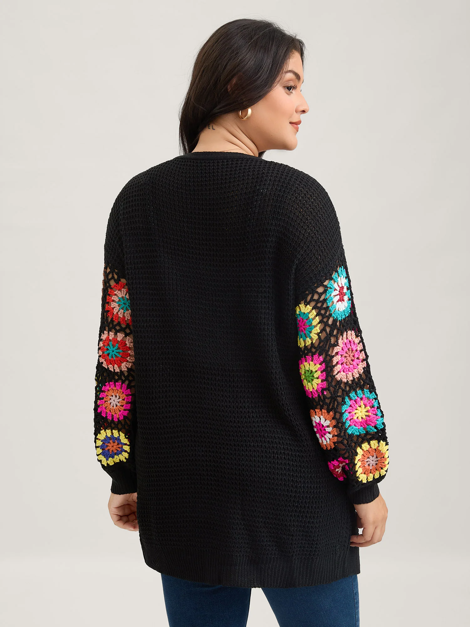 Crochet Floral Drop Shoulder Cut Out Cardigan - Image 5