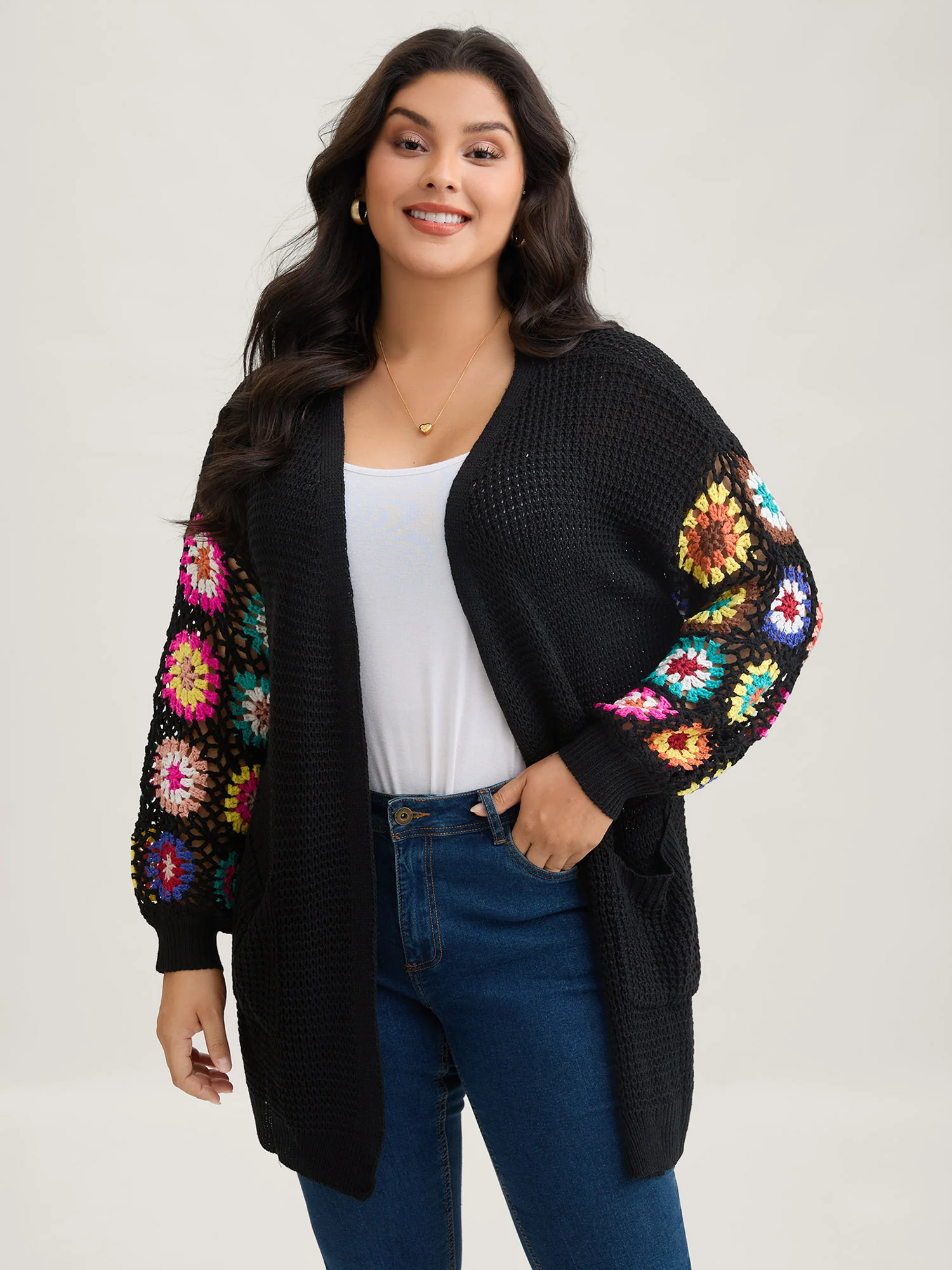 Crochet Floral Drop Shoulder Cut Out Cardigan - Image 6