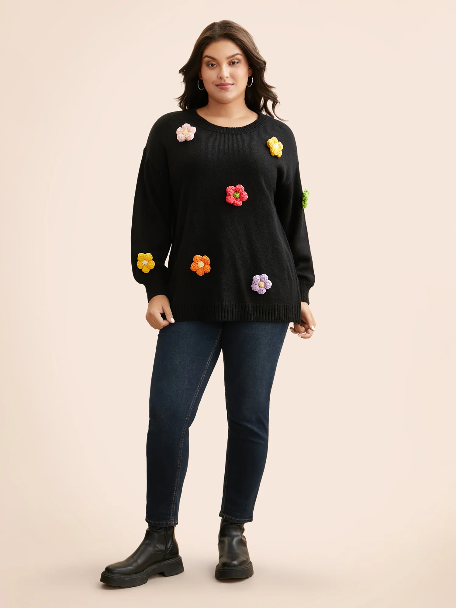 Crochet Floral Drop Shoulder Sleeve Pullover - Image 3