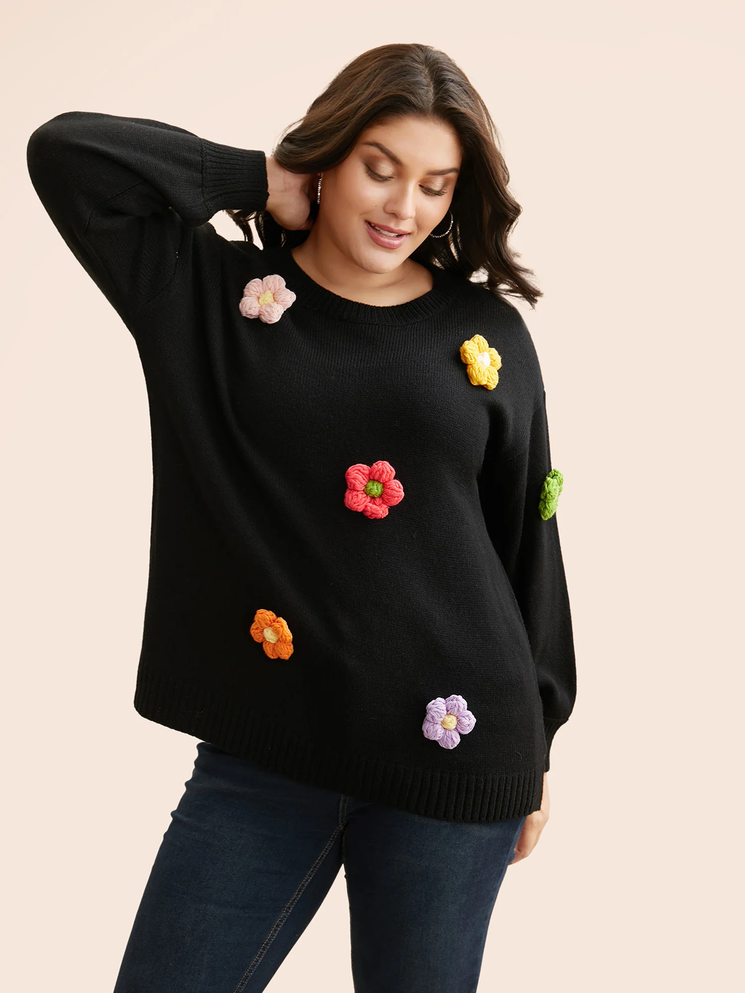 Crochet Floral Drop Shoulder Sleeve Pullover - Image 4