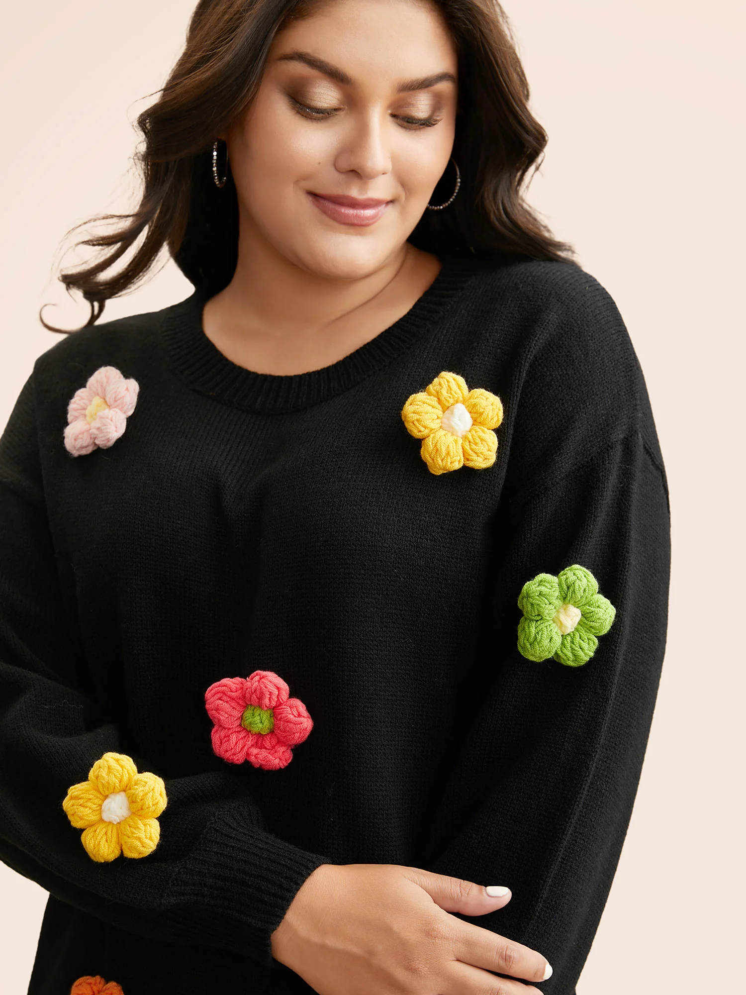 Crochet Floral Drop Shoulder Sleeve Pullover - Image 5