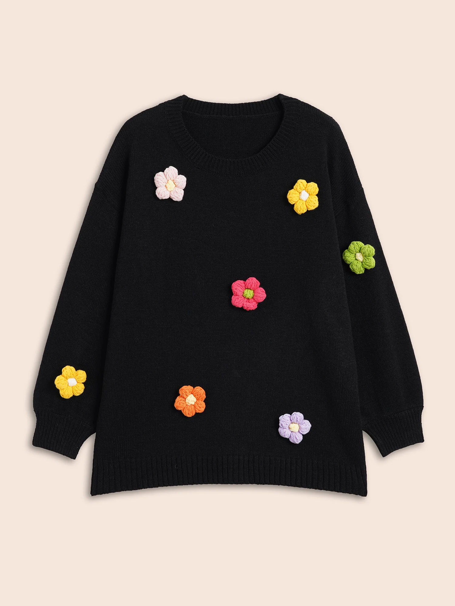 Crochet Floral Drop Shoulder Sleeve Pullover - Image 8