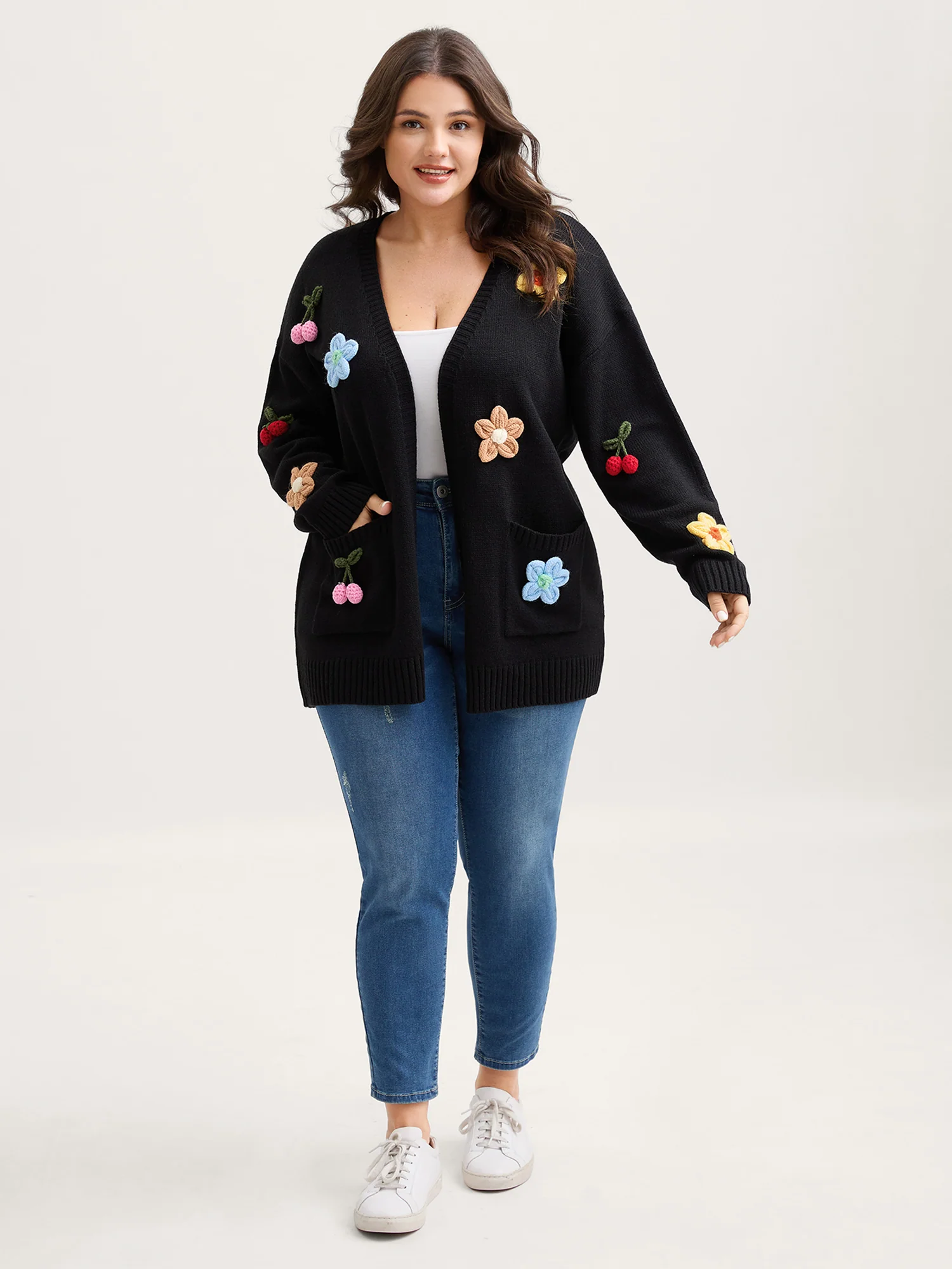 Crochet Floral Front-Open Pockets Knit Cardigan - Image 3